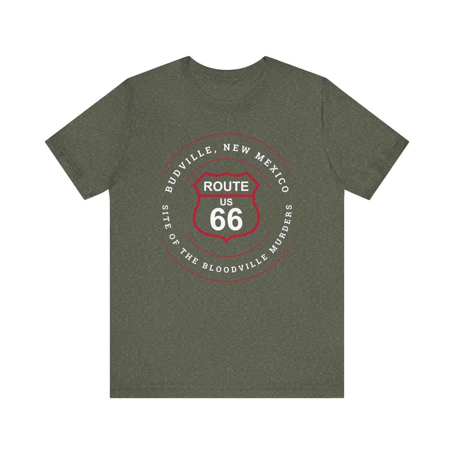 Heather military green retro Route 66 unisex jersey tee with Budville, NM: Site of the Bloodville Murders