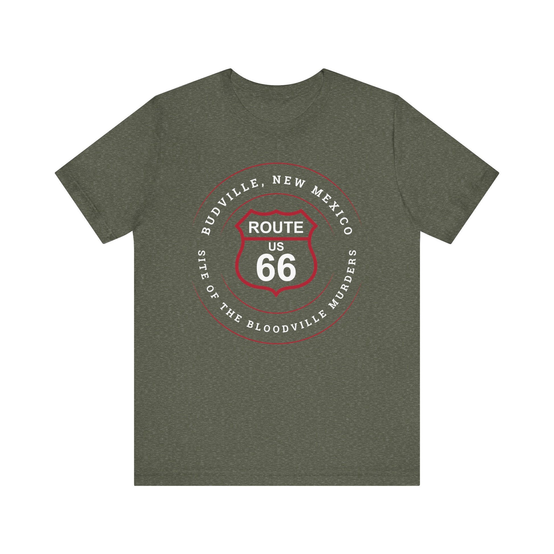 Heather military green retro Route 66 unisex jersey tee with Budville, NM: Site of the Bloodville Murders