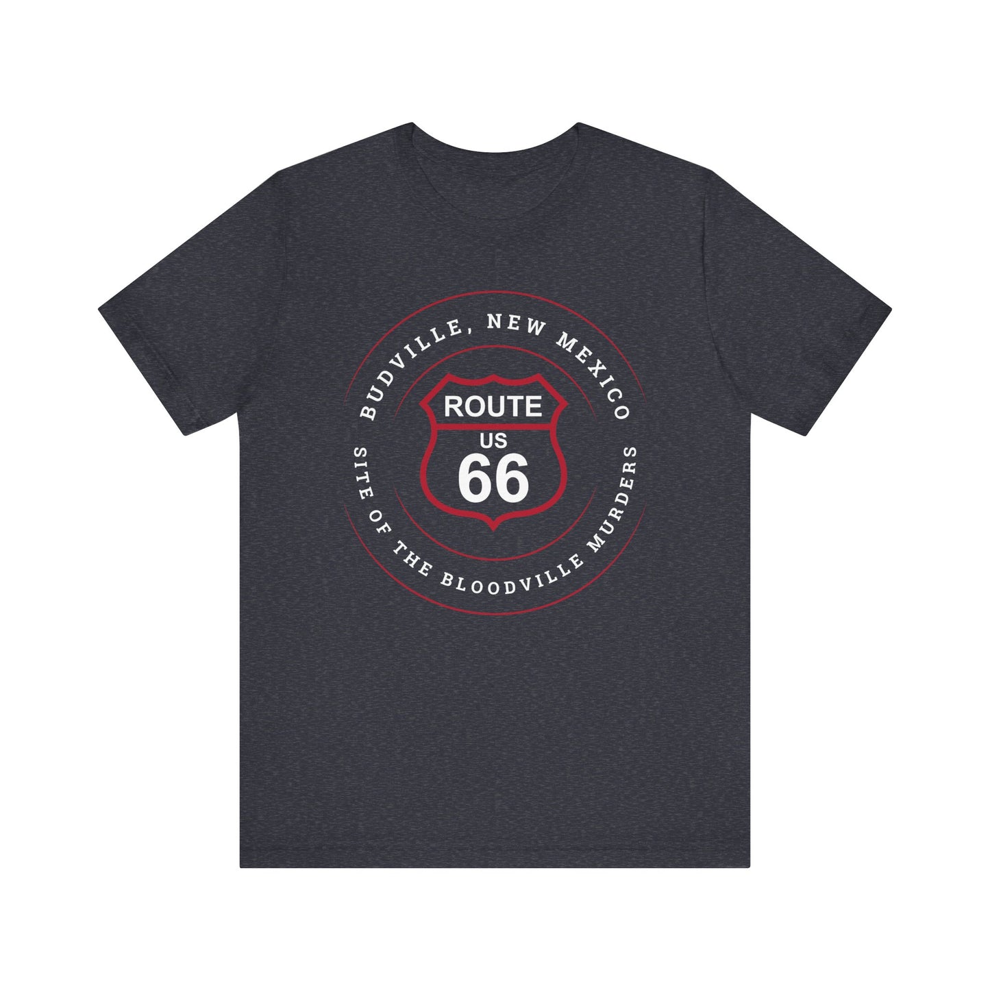 Heather navy retro Route 66 unisex jersey tee with Budville, NM: Site of the Bloodville Murders