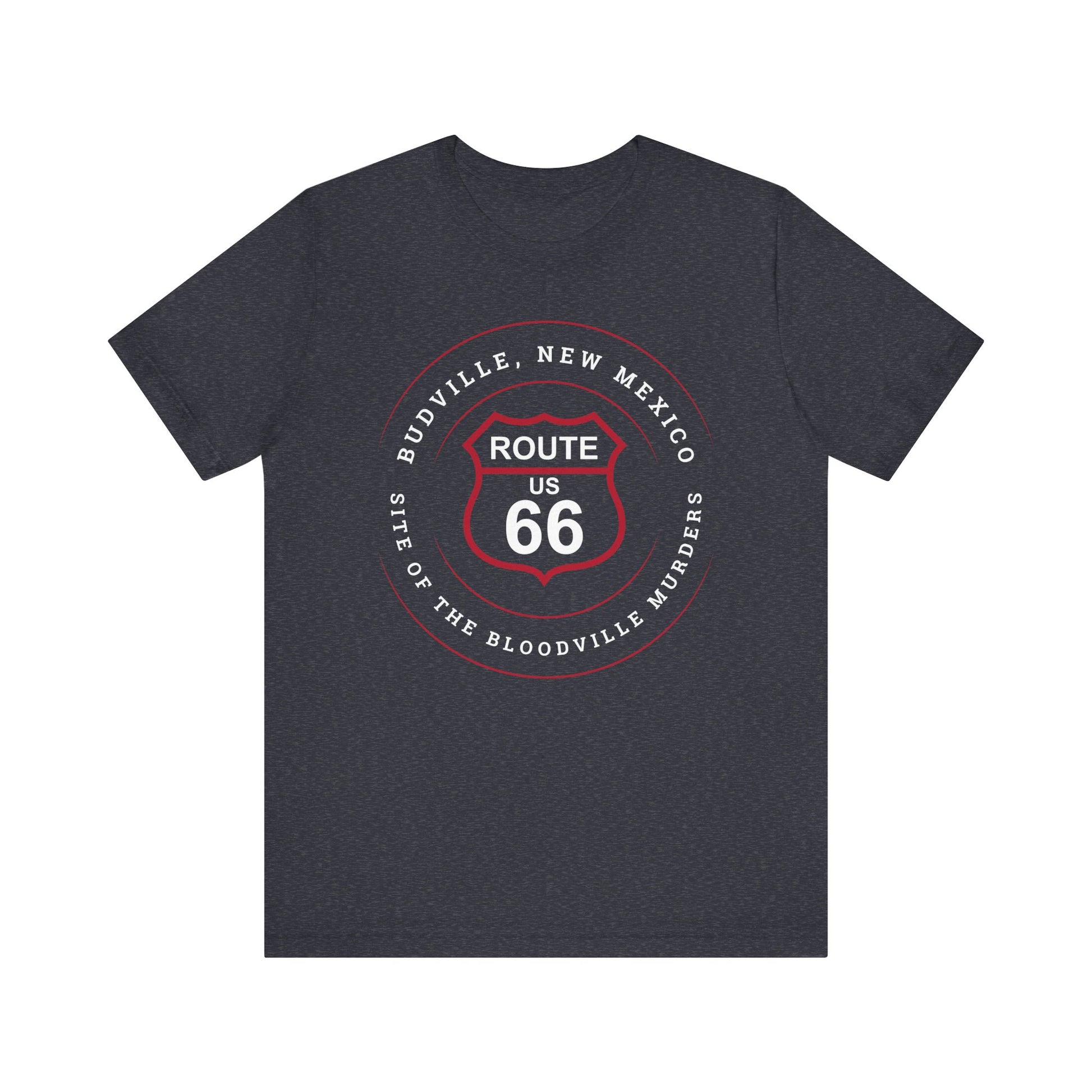 Heather navy retro Route 66 unisex jersey tee with Budville, NM: Site of the Bloodville Murders