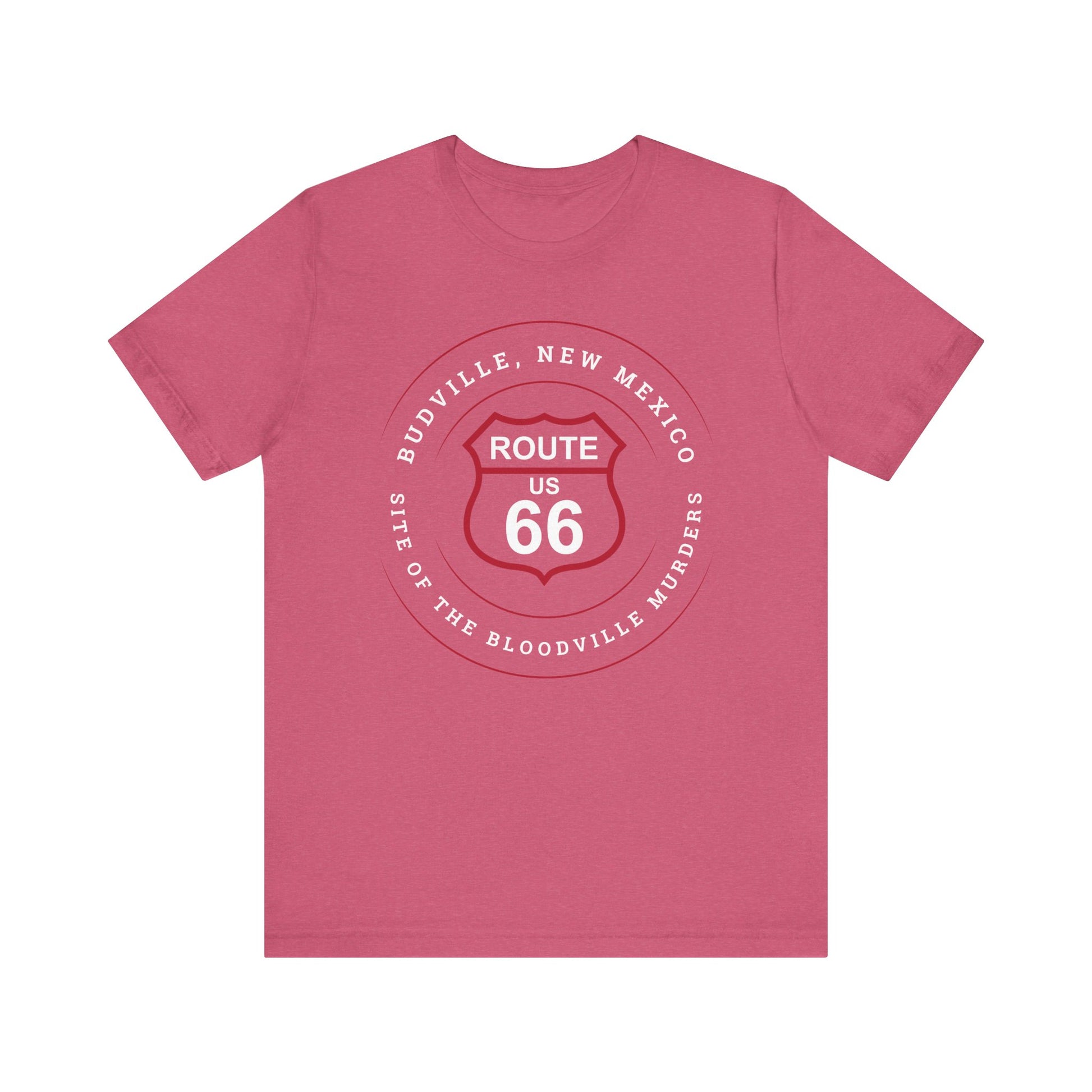 Heather raspberry retro Route 66 unisex jersey tee with Budville, NM: Site of the Bloodville Murders