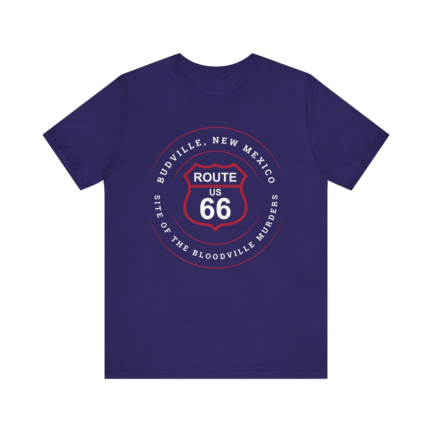 Team navy retro Route 66 unisex jersey tee with Budville, NM: Site of the Bloodville Murders