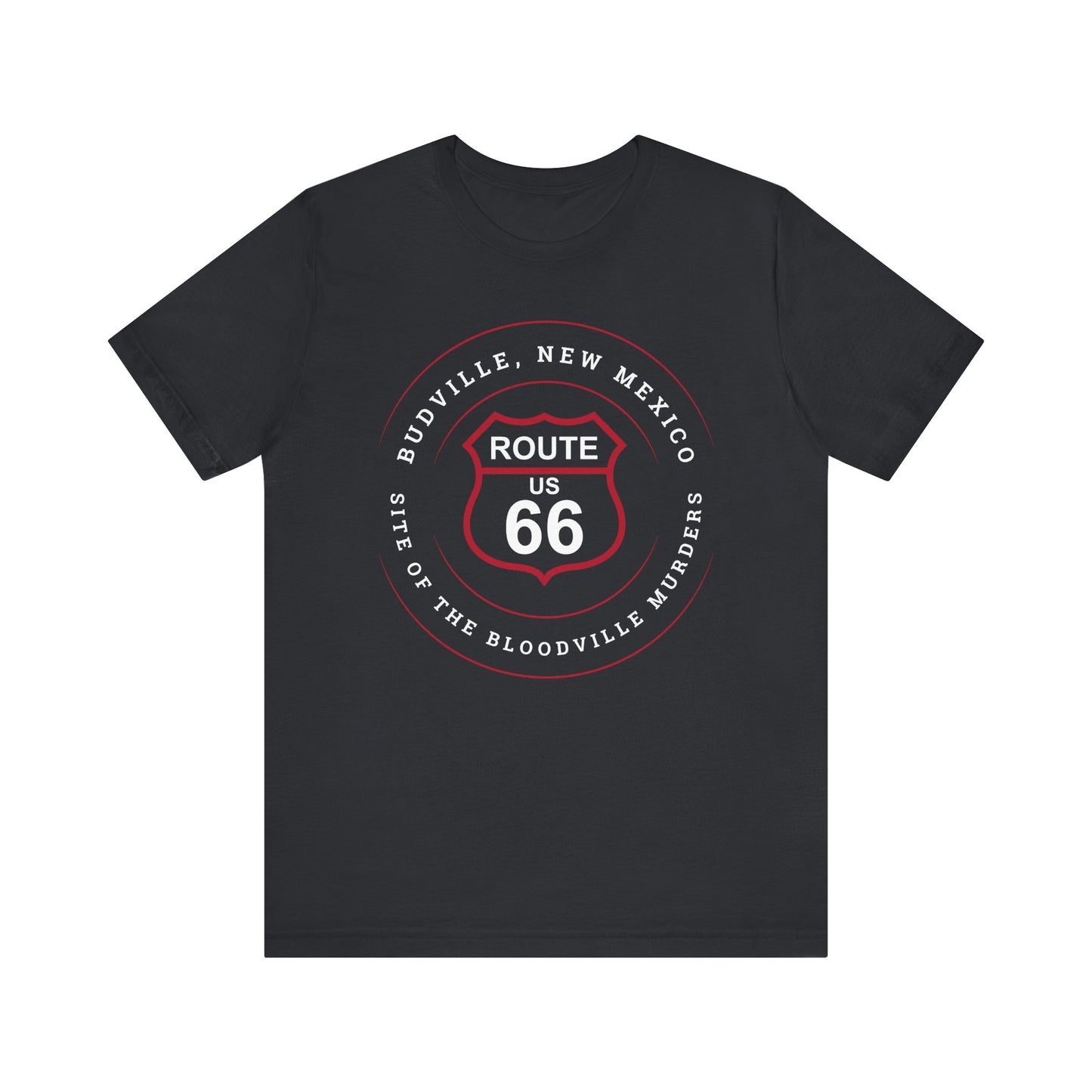 Vintage black retro Route 66 unisex jersey tee with Budville, NM: Site of the Bloodville Murders