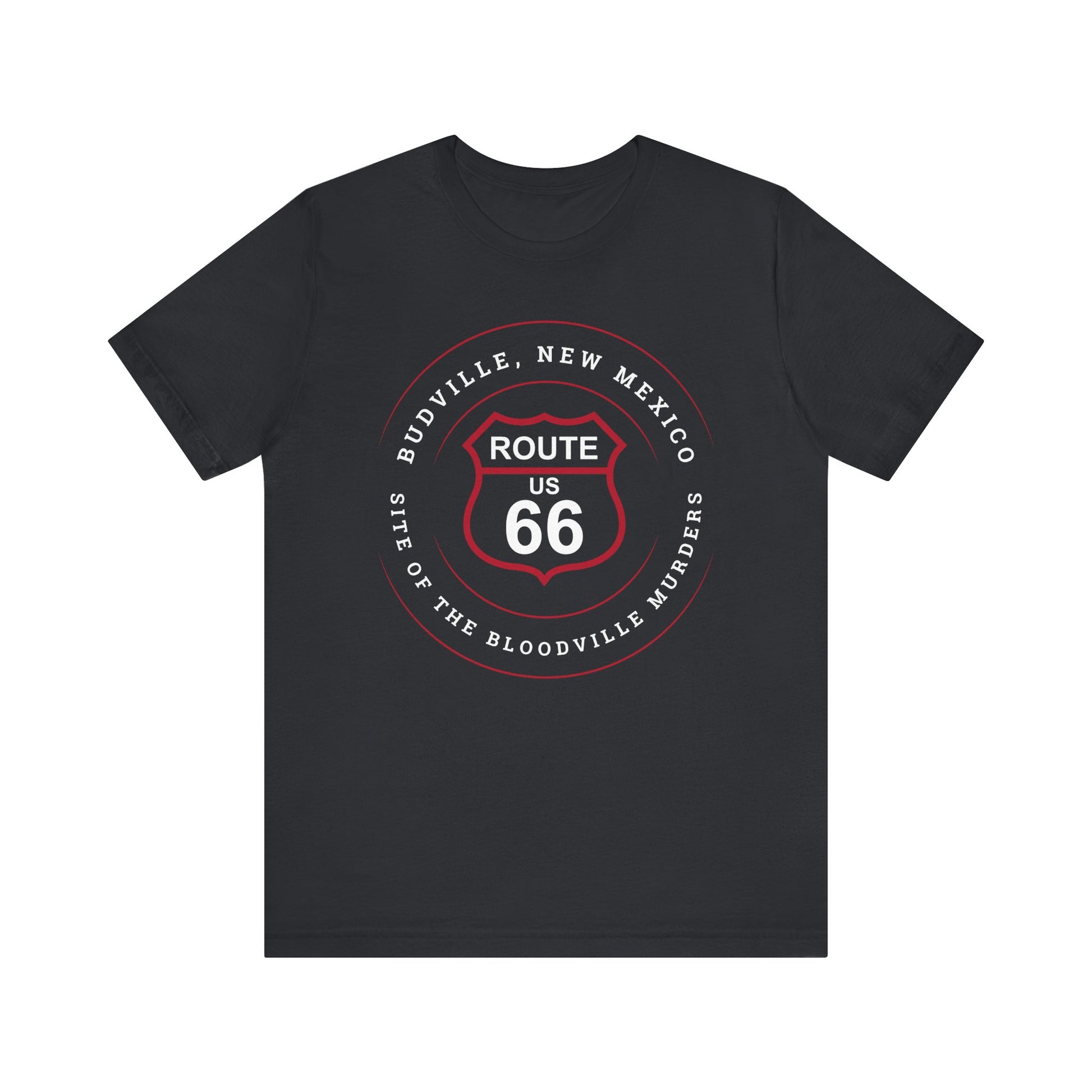 Vintage black retro Route 66 unisex jersey tee with Budville, NM: Site of the Bloodville Murders