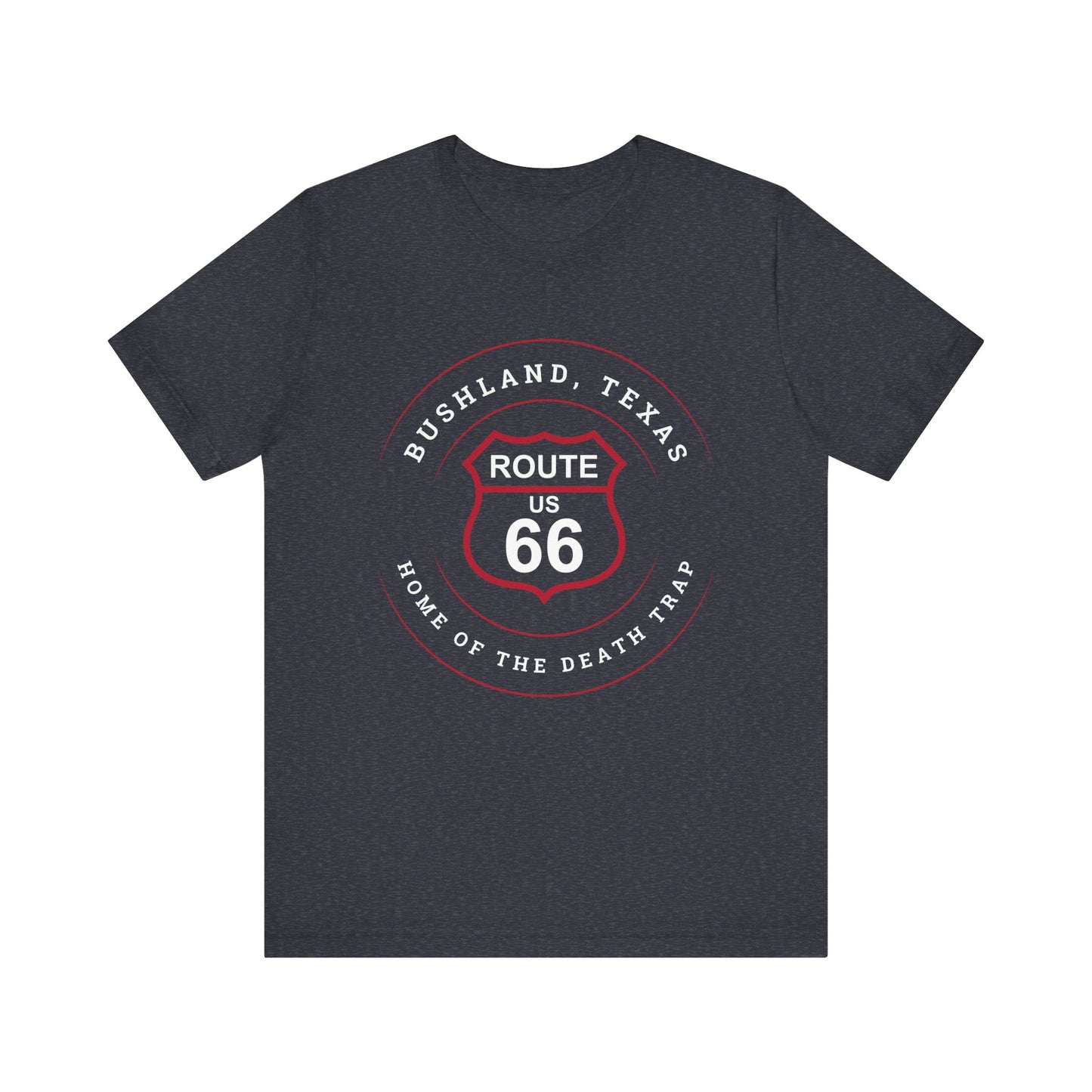 Heather navy retro Route 66 unisex jersey tee with Bushland, TX: "Home of the Death Trap" design