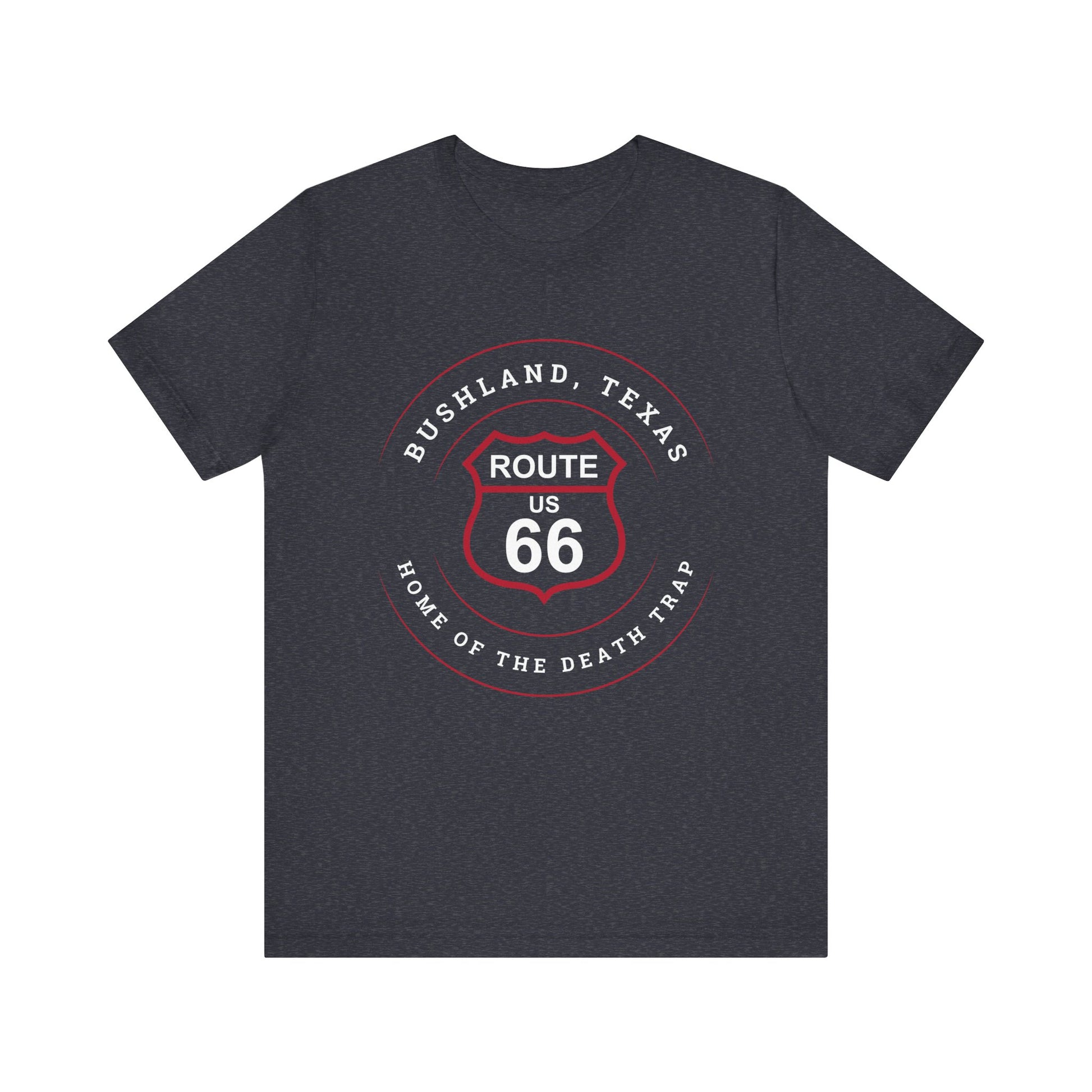 Heather navy retro Route 66 unisex jersey tee with Bushland, TX: "Home of the Death Trap" design