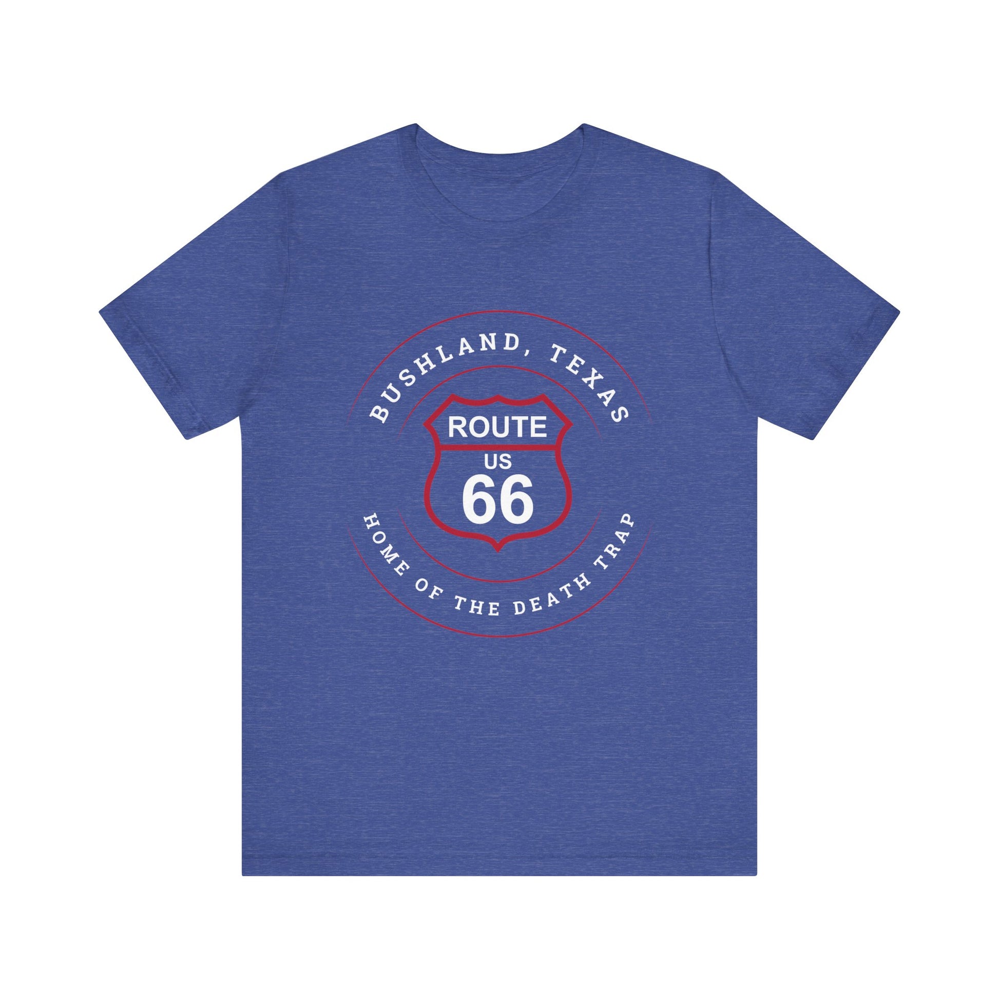 Heather true royal retro Route 66 unisex jersey tee with Bushland, TX: "Home of the Death Trap" design