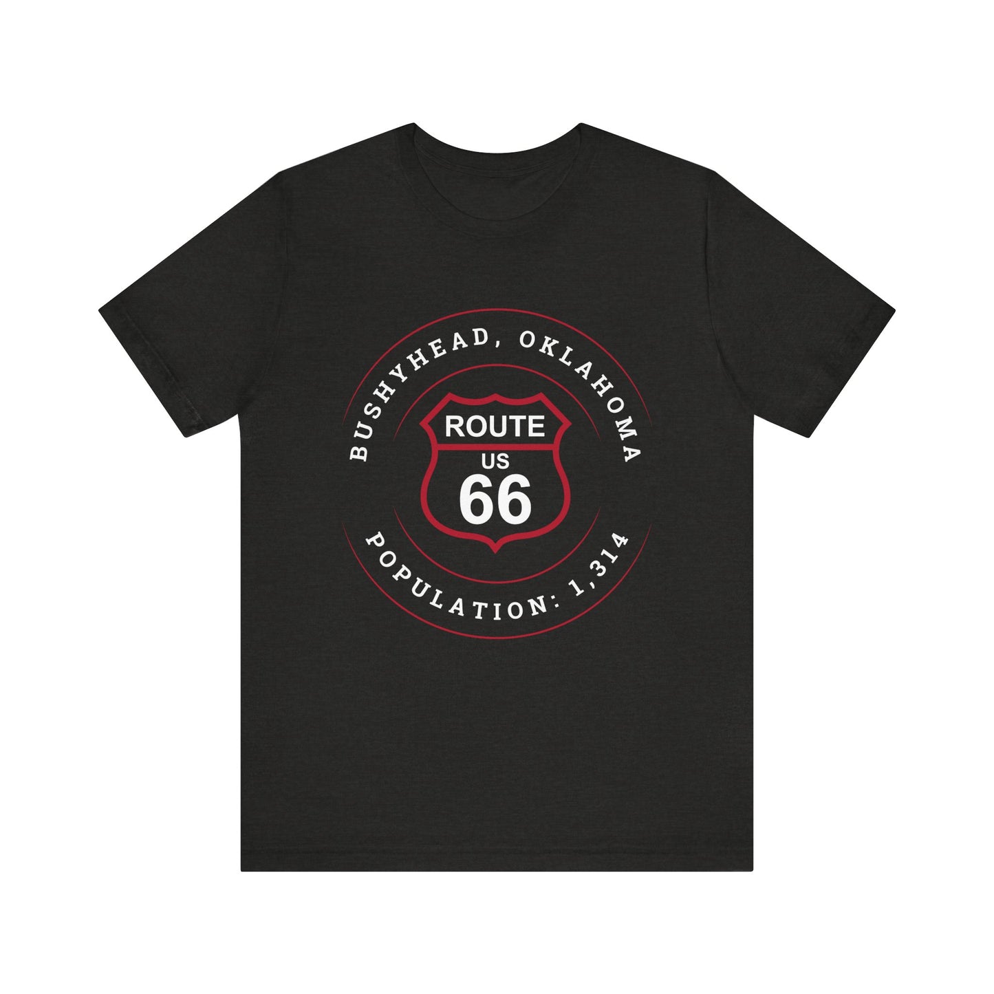 Black heather retro Route 66 unisex jersey tee with Bushyhead, OK "Population 1,314" design