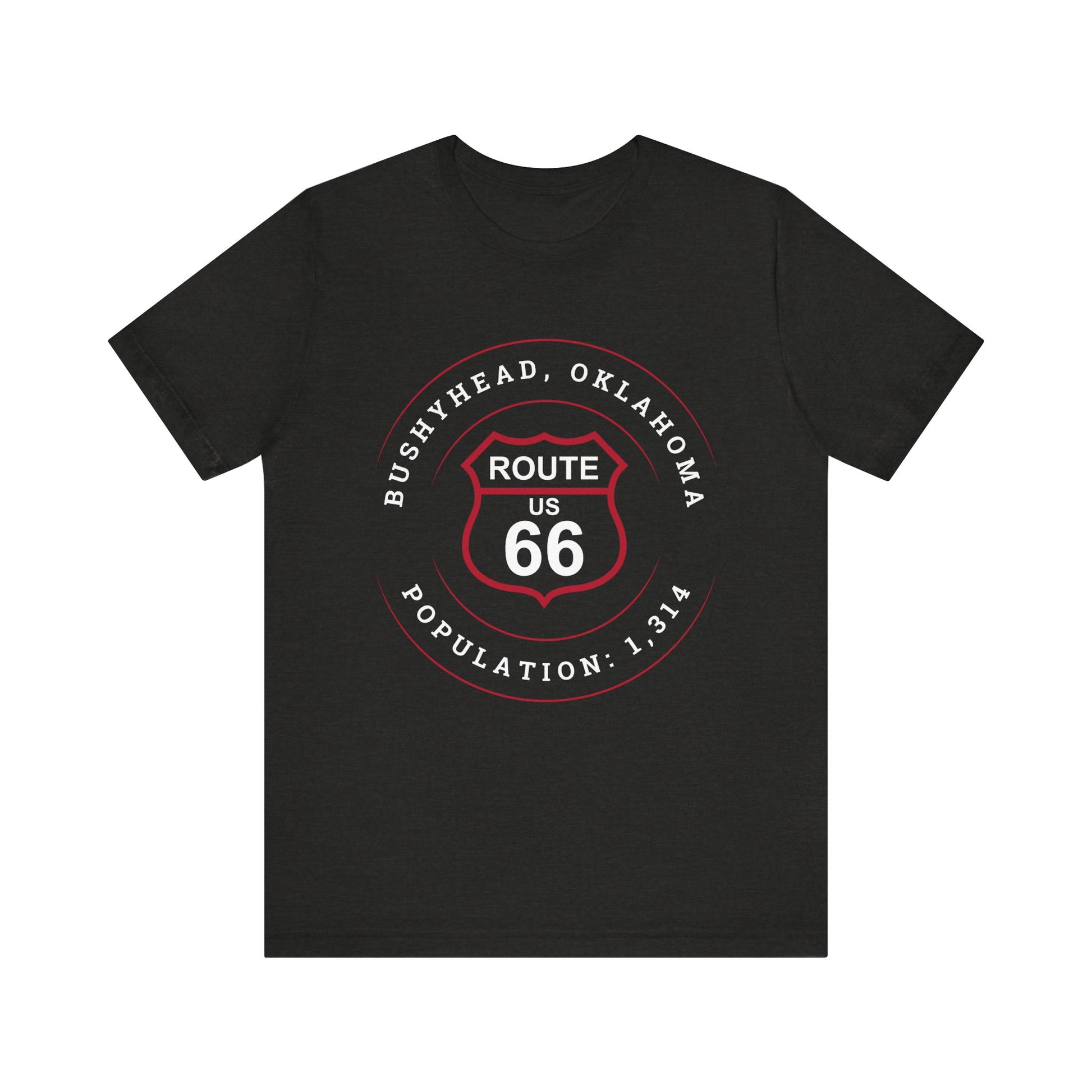 Black heather retro Route 66 unisex jersey tee with Bushyhead, OK "Population 1,314" design