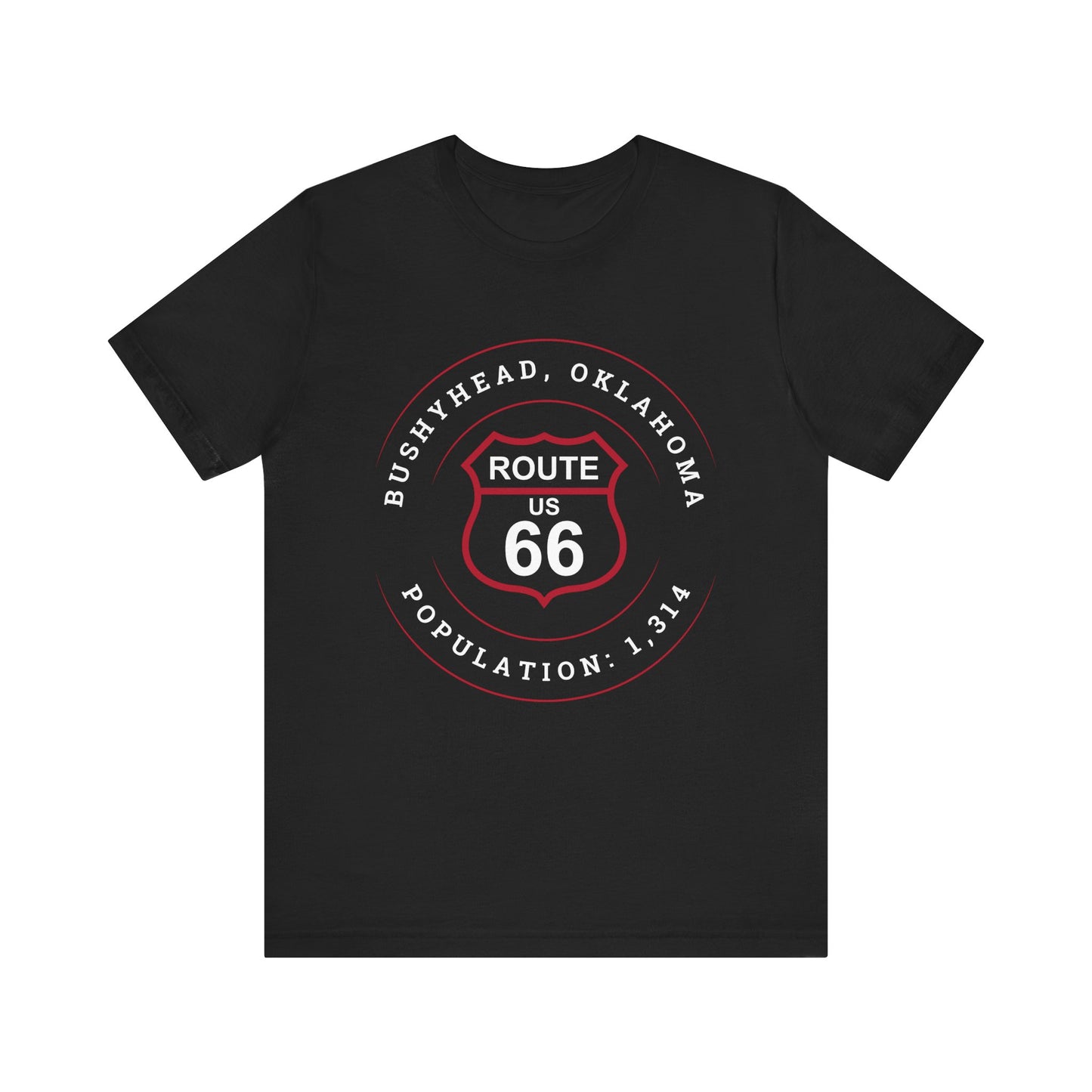 Black retro Route 66 unisex jersey tee with Bushyhead, OK "Population 1,314" design