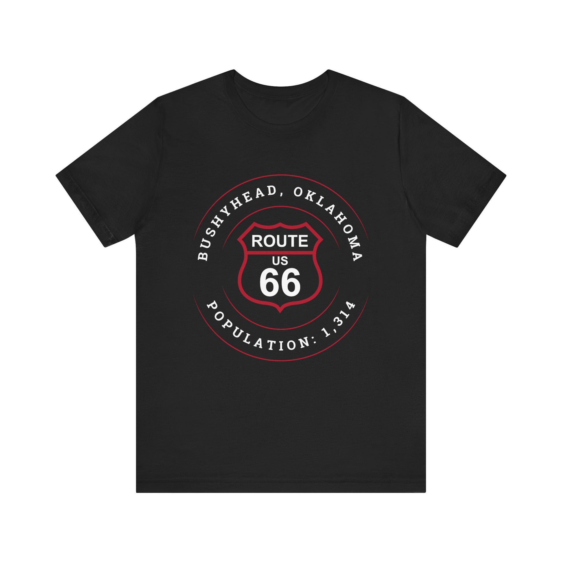 Black retro Route 66 unisex jersey tee with Bushyhead, OK "Population 1,314" design