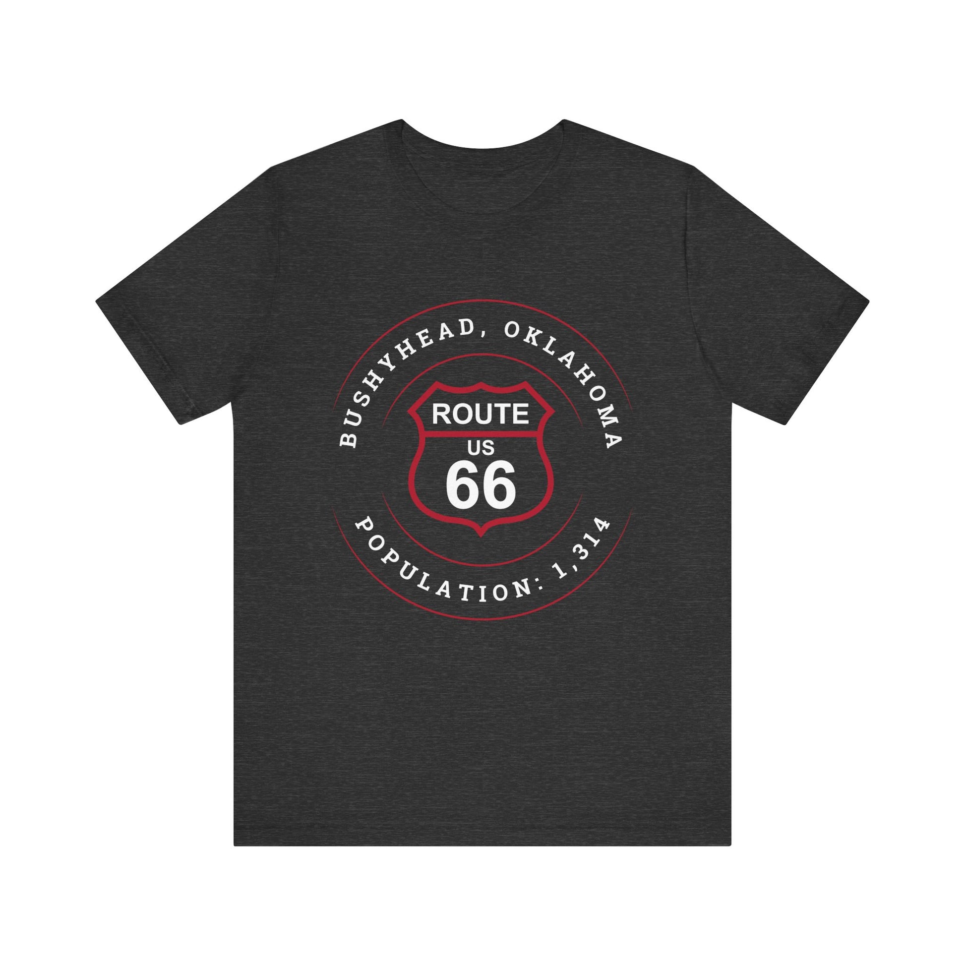 Dark grey heather retro Route 66 unisex jersey tee with Bushyhead, OK "Population 1,314" design