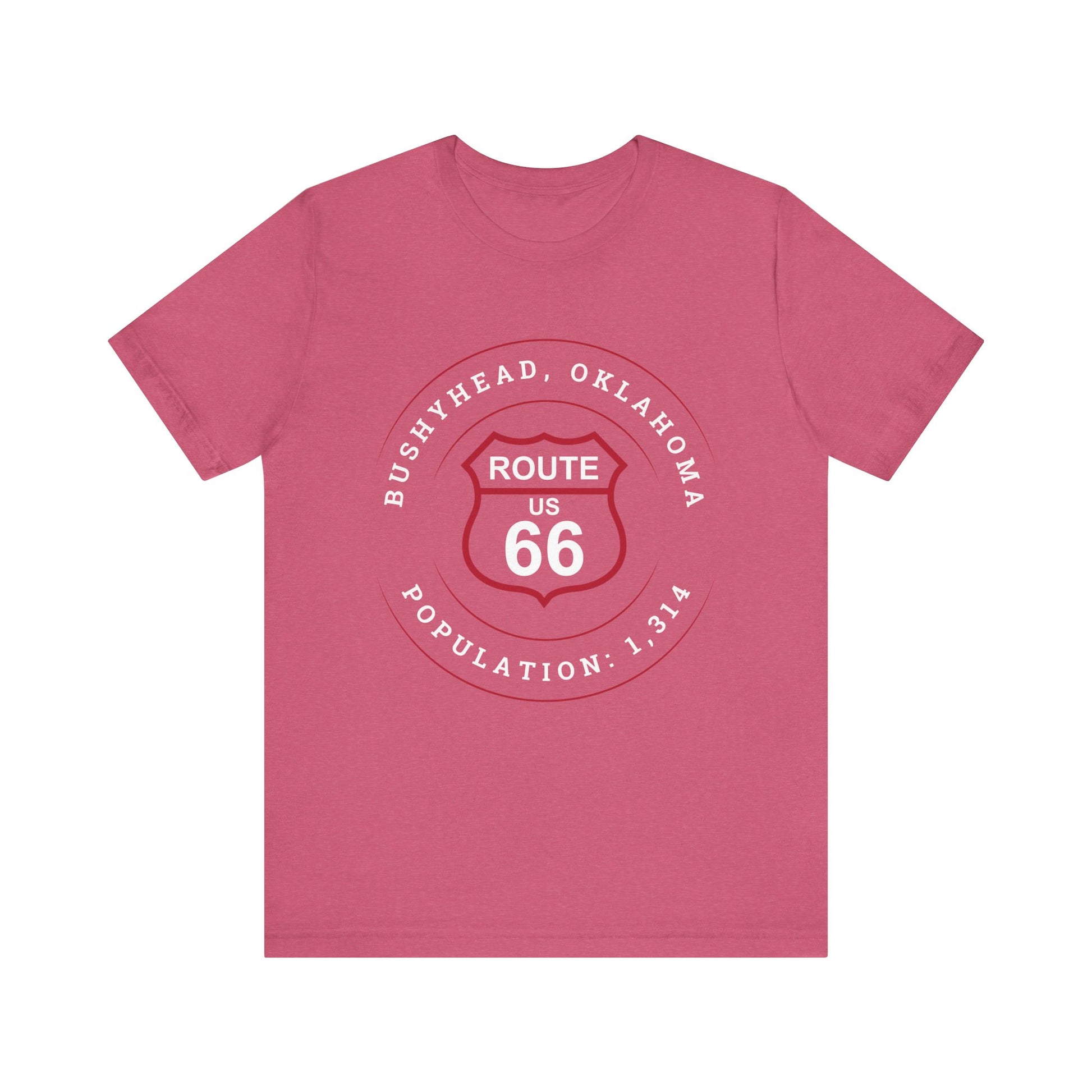 Heather raspberry retro Route 66 unisex jersey tee with Bushyhead, OK "Population 1,314" design