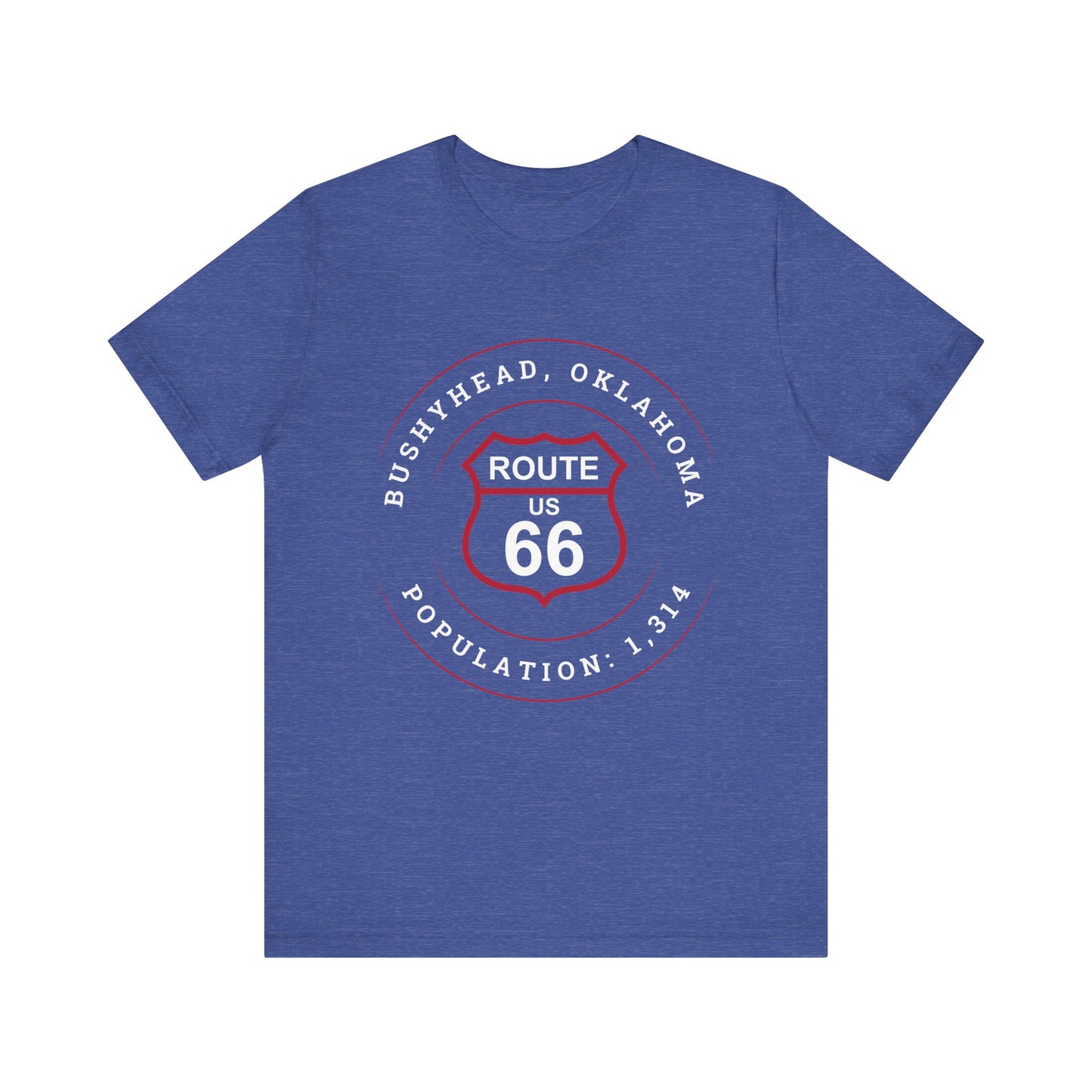 Heather true royal retro Route 66 unisex jersey tee with Bushyhead, OK "Population 1,314" design