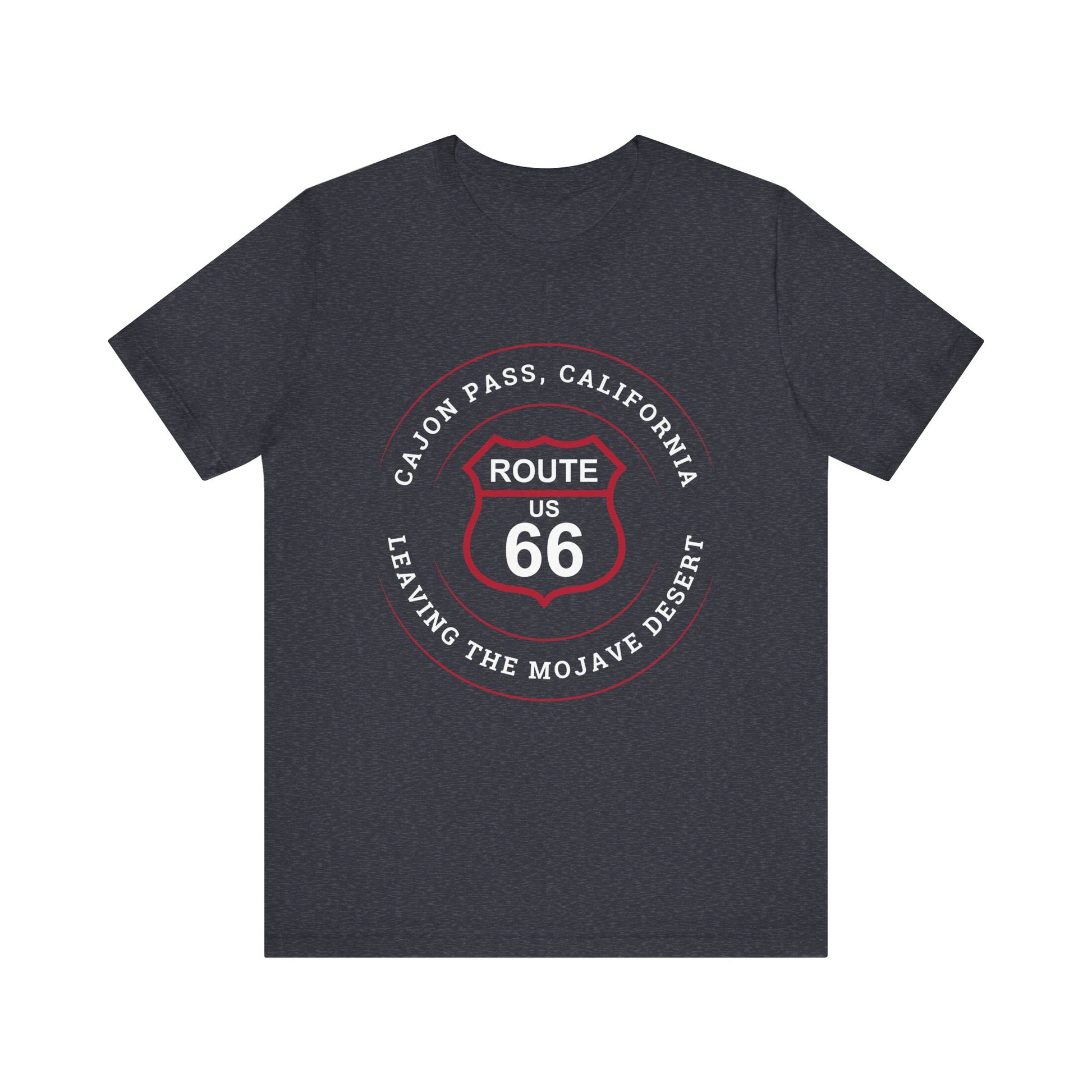 Heather navy retro Route 66 unisex jersey tee with Cajon Pass, CA: "Leaving the Mojave Desert" design