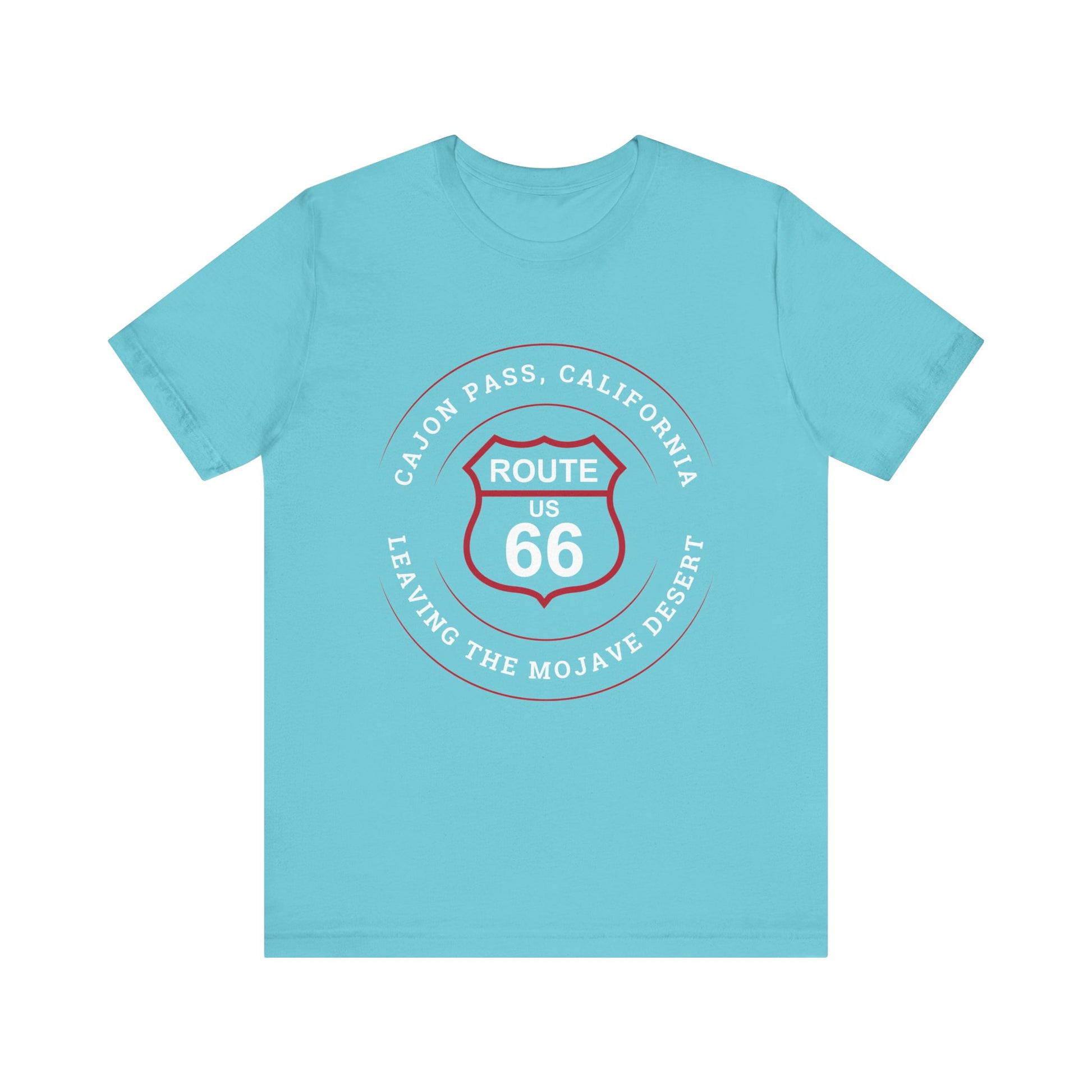 Turquoise retro Route 66 unisex jersey tee with Cajon Pass, CA: "Leaving the Mojave Desert" design