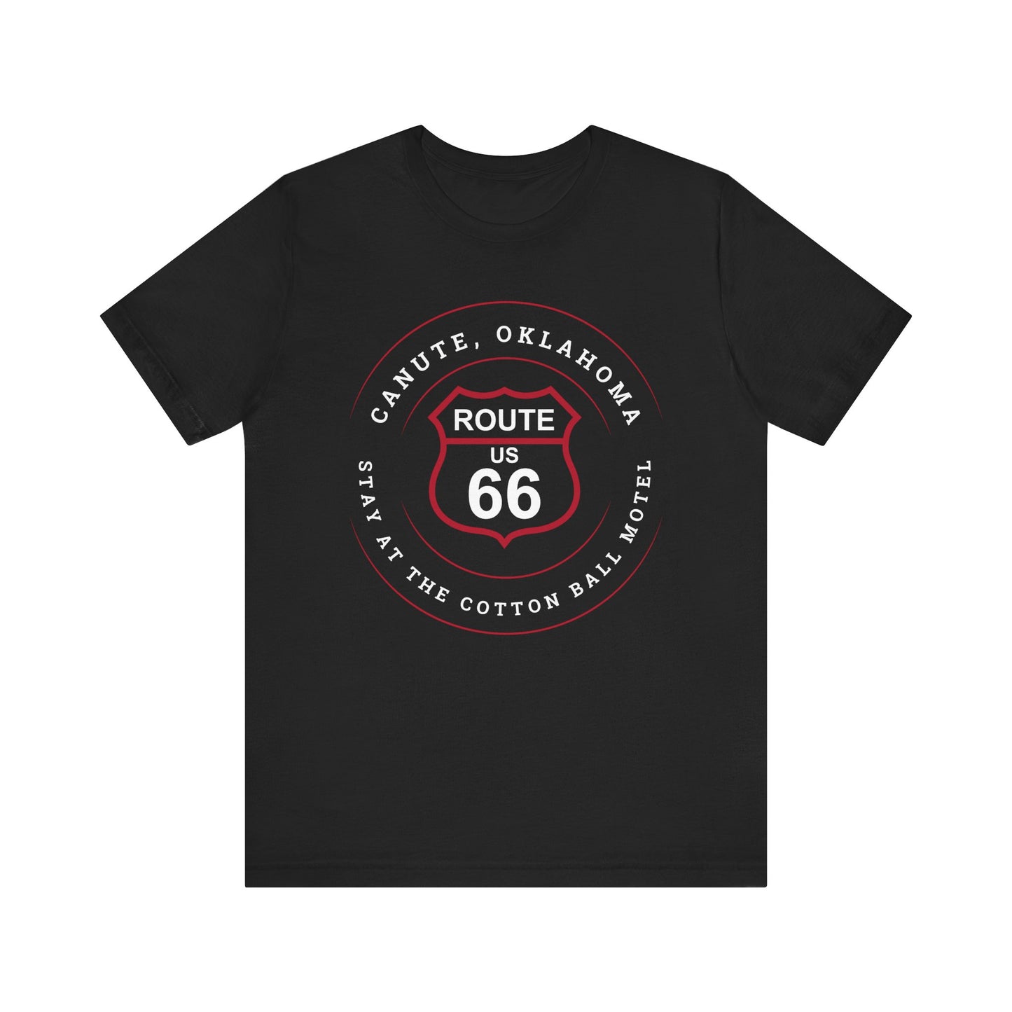 Black retro Route 66 unisex jersey tee with Canute, OK "Stay at the Cotton Ball Motel" design