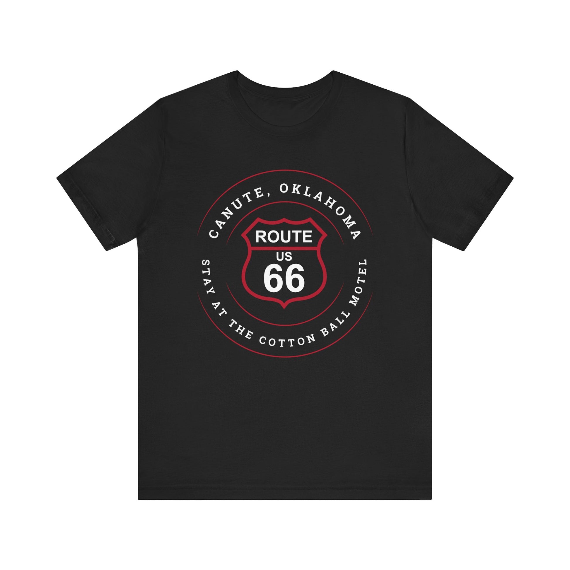 Black retro Route 66 unisex jersey tee with Canute, OK "Stay at the Cotton Ball Motel" design
