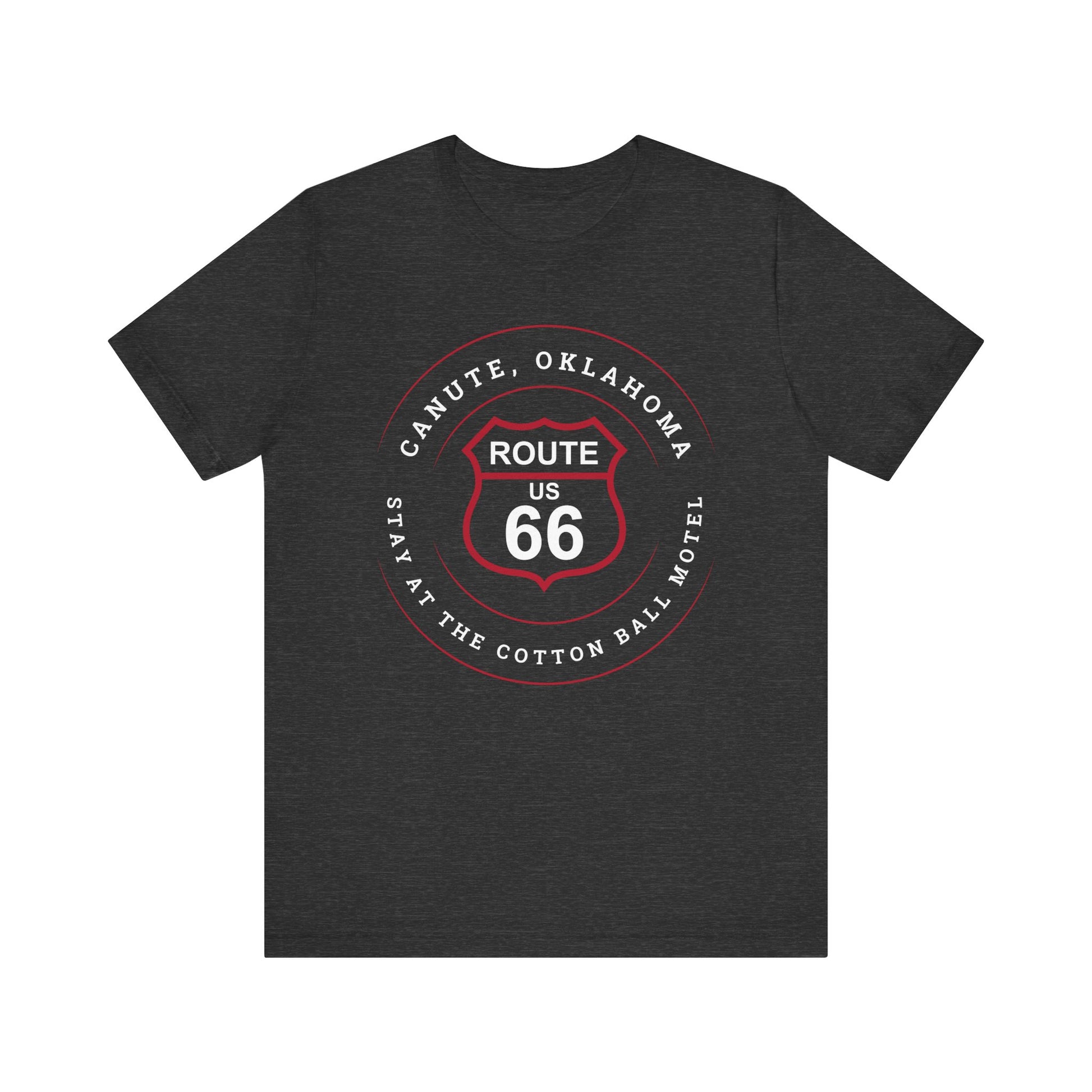 Dark grey heather retro Route 66 unisex jersey tee with Canute, OK "Stay at the Cotton Ball Motel" design