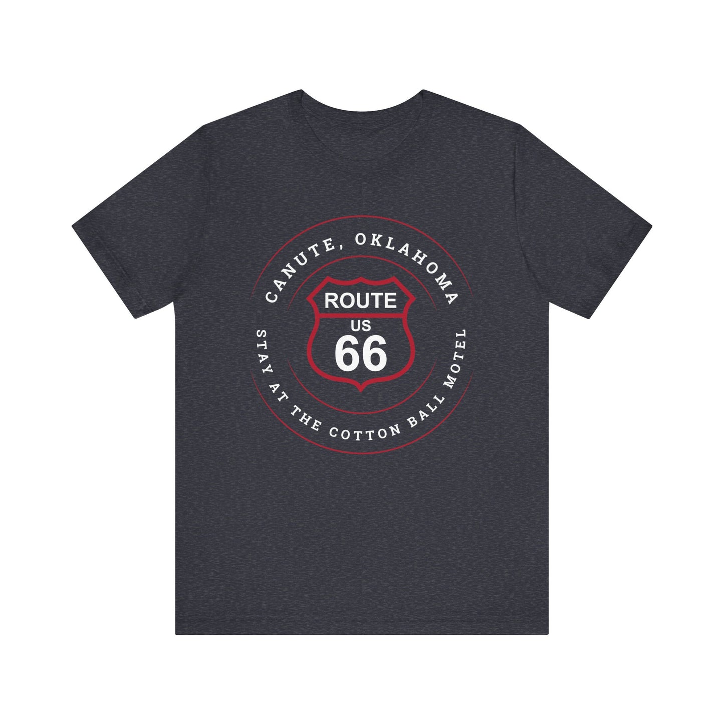 Heather navy retro Route 66 unisex jersey tee with Canute, OK "Stay at the Cotton Ball Motel" design