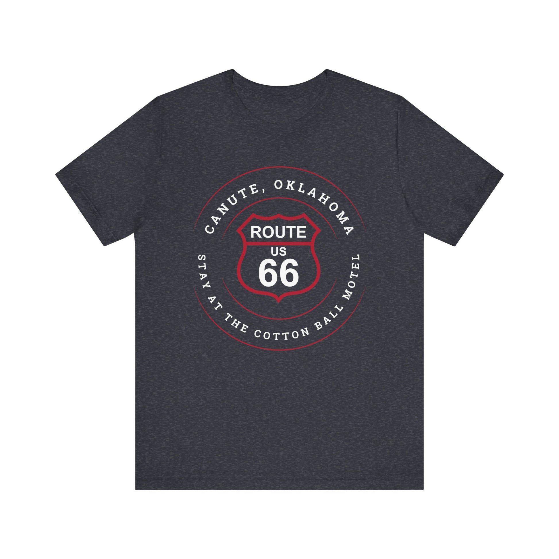 Heather navy retro Route 66 unisex jersey tee with Canute, OK "Stay at the Cotton Ball Motel" design