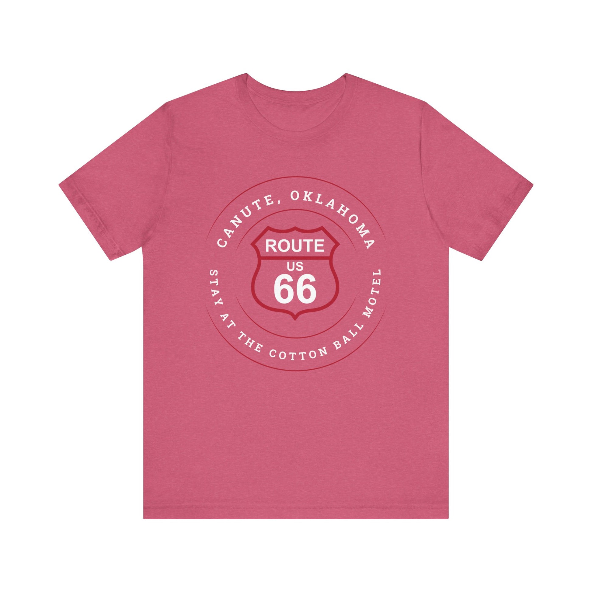 Heather raspberry retro Route 66 unisex jersey tee with Canute, OK "Stay at the Cotton Ball Motel" design