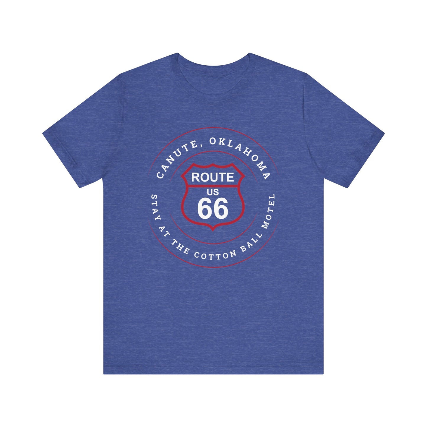 Heather true royal retro Route 66 unisex jersey tee with Canute, OK "Stay at the Cotton Ball Motel" design