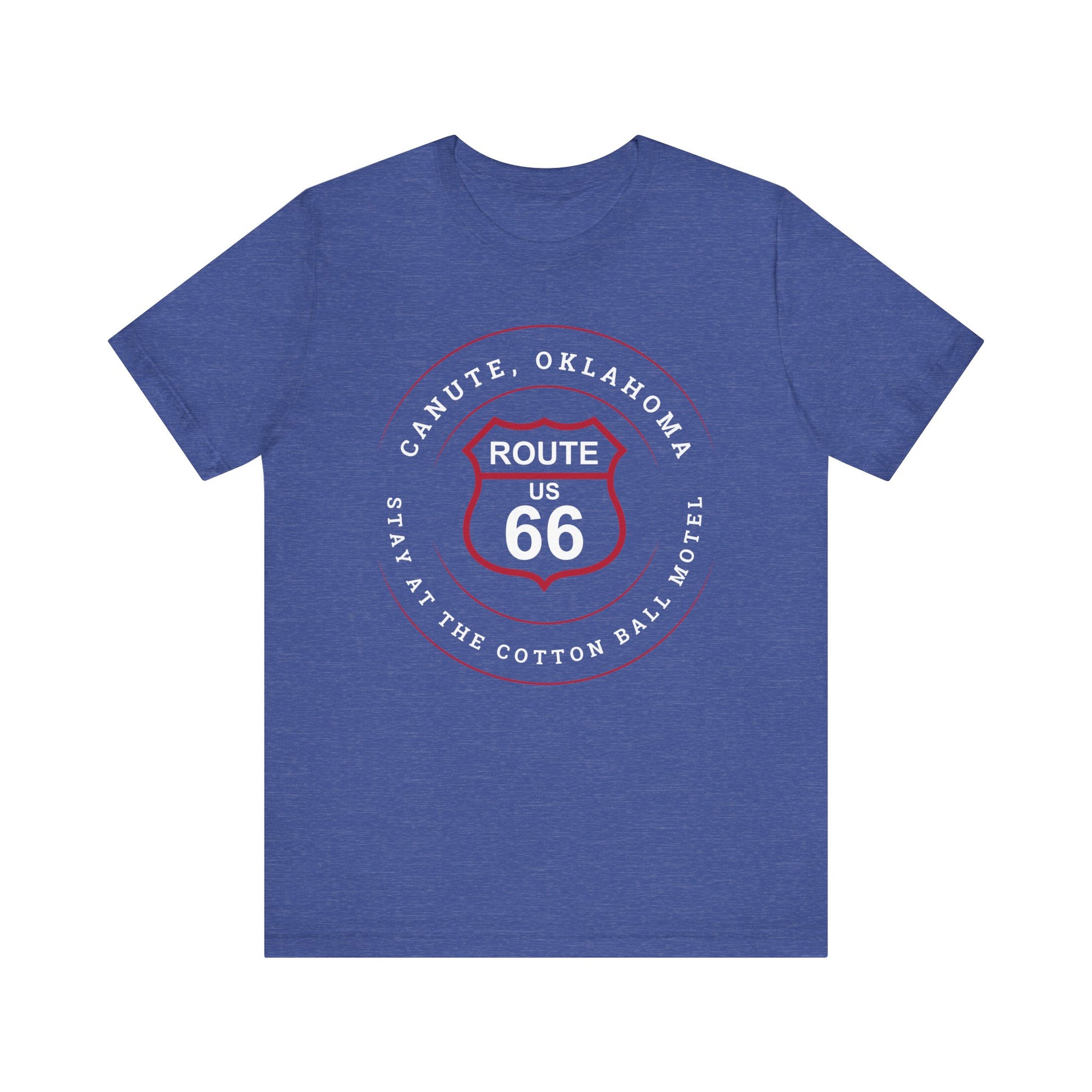 Heather true royal retro Route 66 unisex jersey tee with Canute, OK "Stay at the Cotton Ball Motel" design