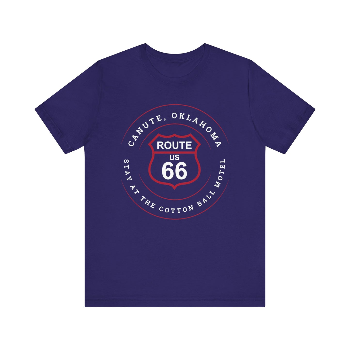 Team navy retro Route 66 unisex jersey tee with Canute, OK "Stay at the Cotton Ball Motel" design