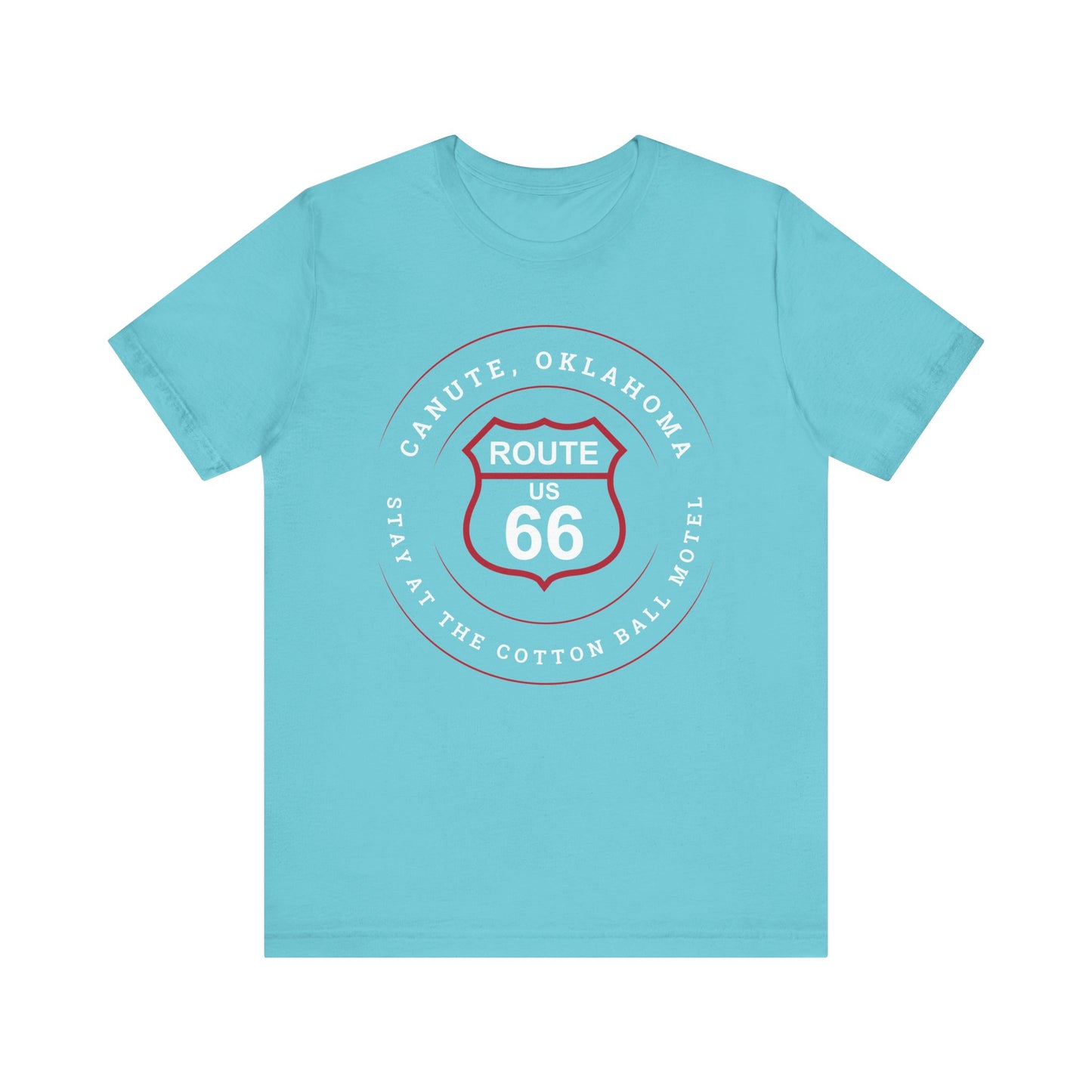 Turquoise retro Route 66 unisex jersey tee with Canute, OK "Stay at the Cotton Ball Motel" design