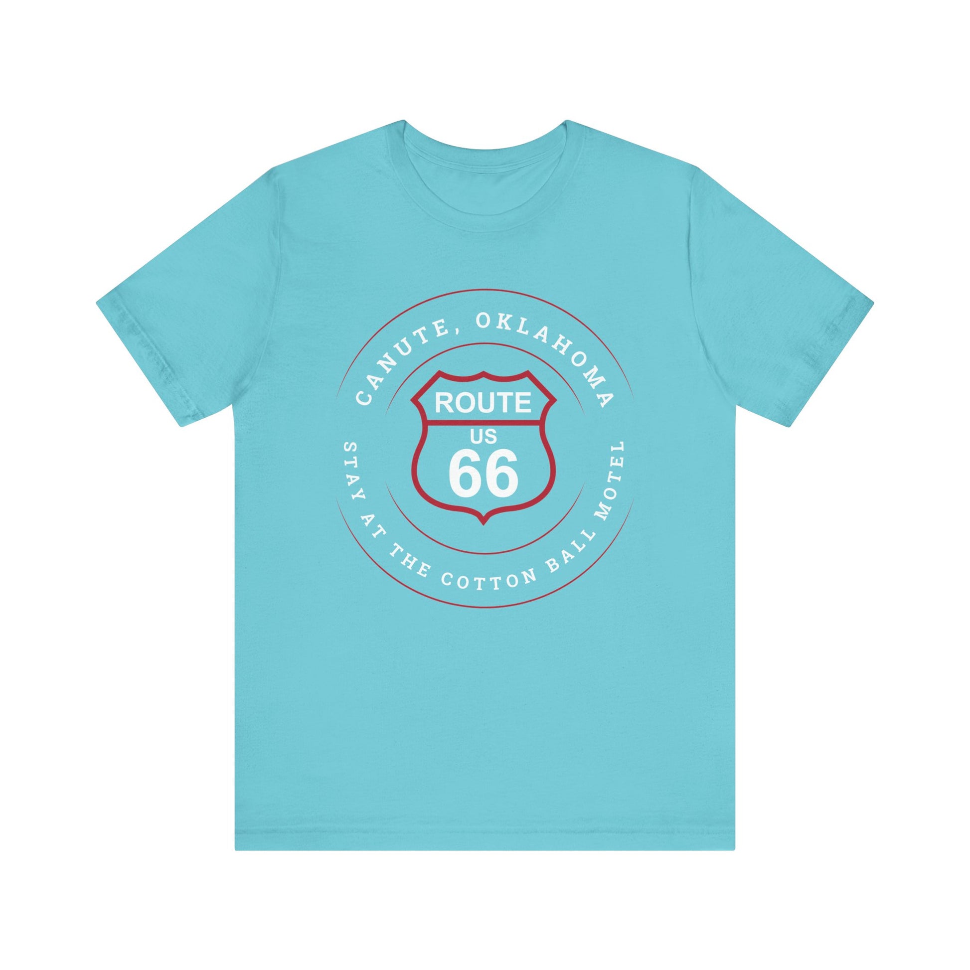 Turquoise retro Route 66 unisex jersey tee with Canute, OK "Stay at the Cotton Ball Motel" design
