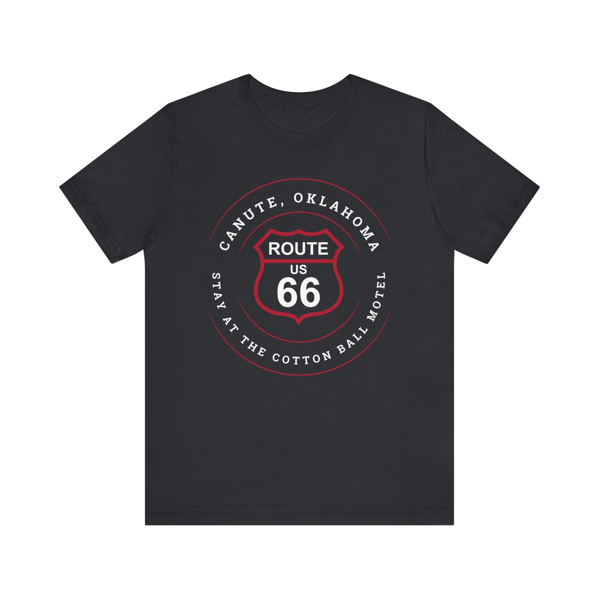Vintage black retro Route 66 unisex jersey tee with Canute, OK "Stay at the Cotton Ball Motel" design