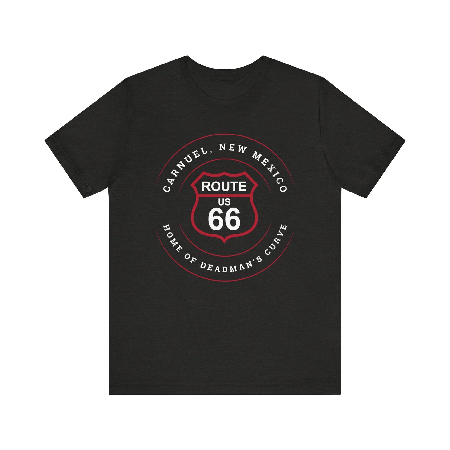 Black heather retro Route 66 unisex jersey tee with Carnuel, NM: Home of Deadman's Curve graphic