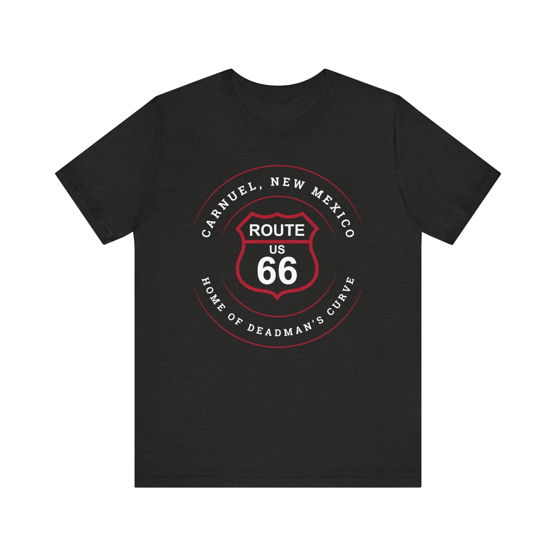 Black heather retro Route 66 unisex jersey tee with Carnuel, NM: Home of Deadman's Curve graphic
