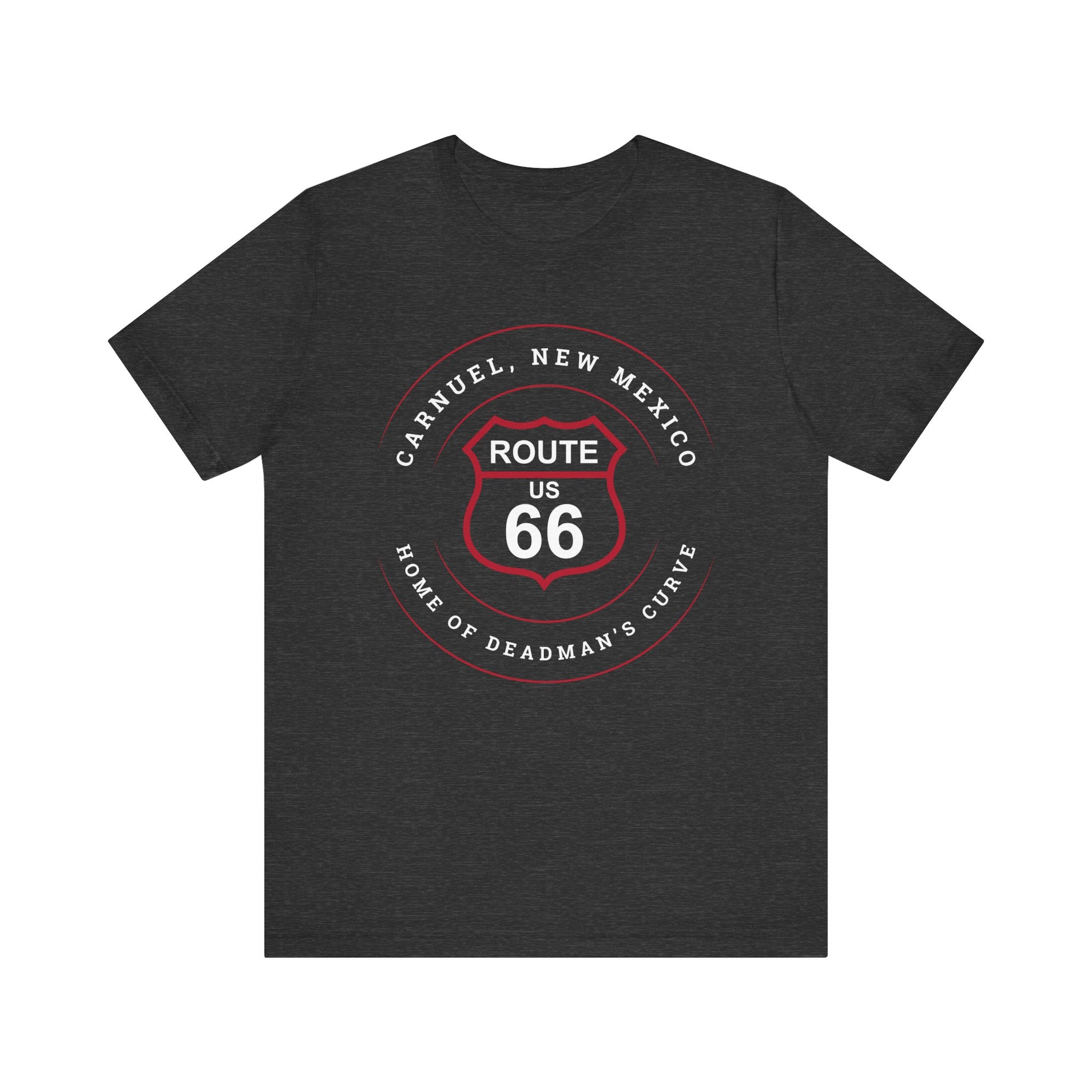 Dark grey heather retro Route 66 unisex jersey tee with Carnuel, NM: Home of Deadman's Curve graphic