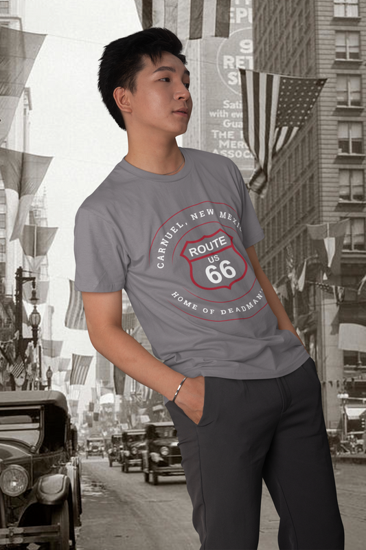 Dark grey heather male model wearing black retro Route 66 unisex jersey tee with Carnuel, NM: Home of Deadmans Curve graphic