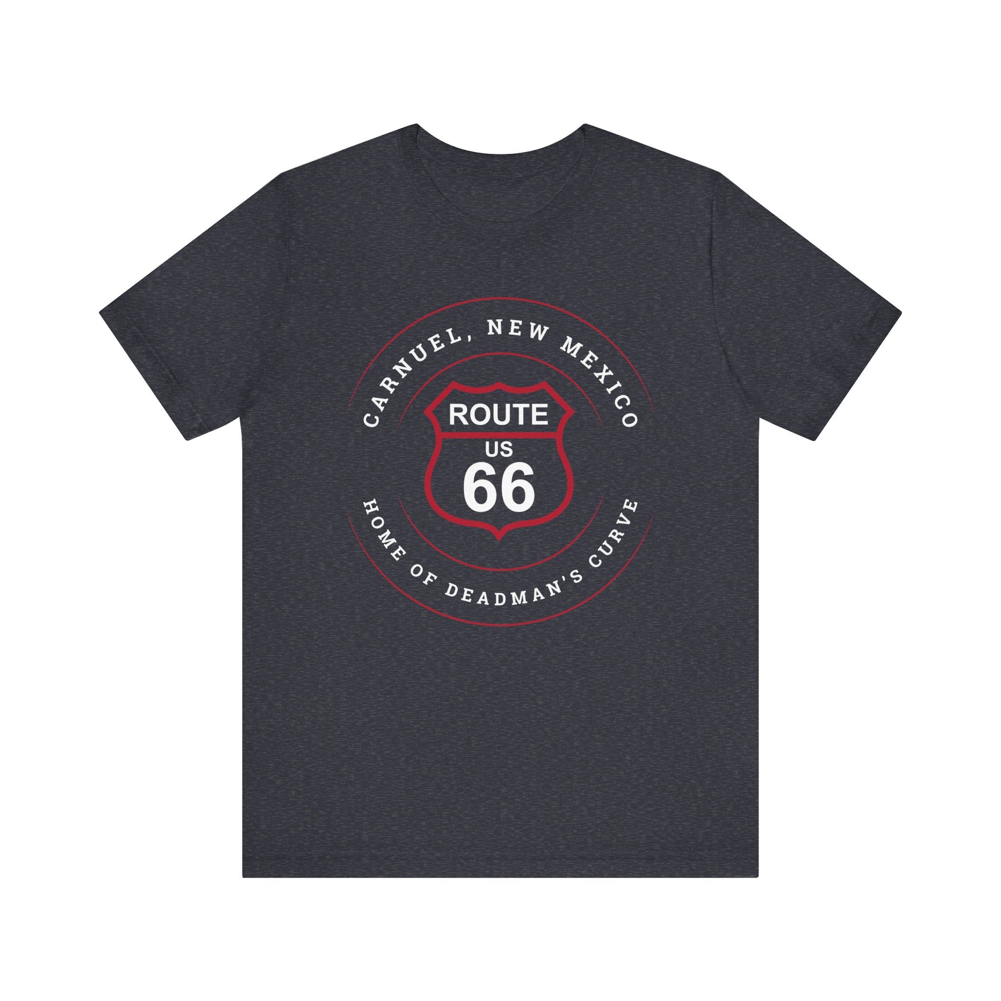 Heather navy retro Route 66 unisex jersey tee with Carnuel, NM: Home of Deadman's Curve graphic
