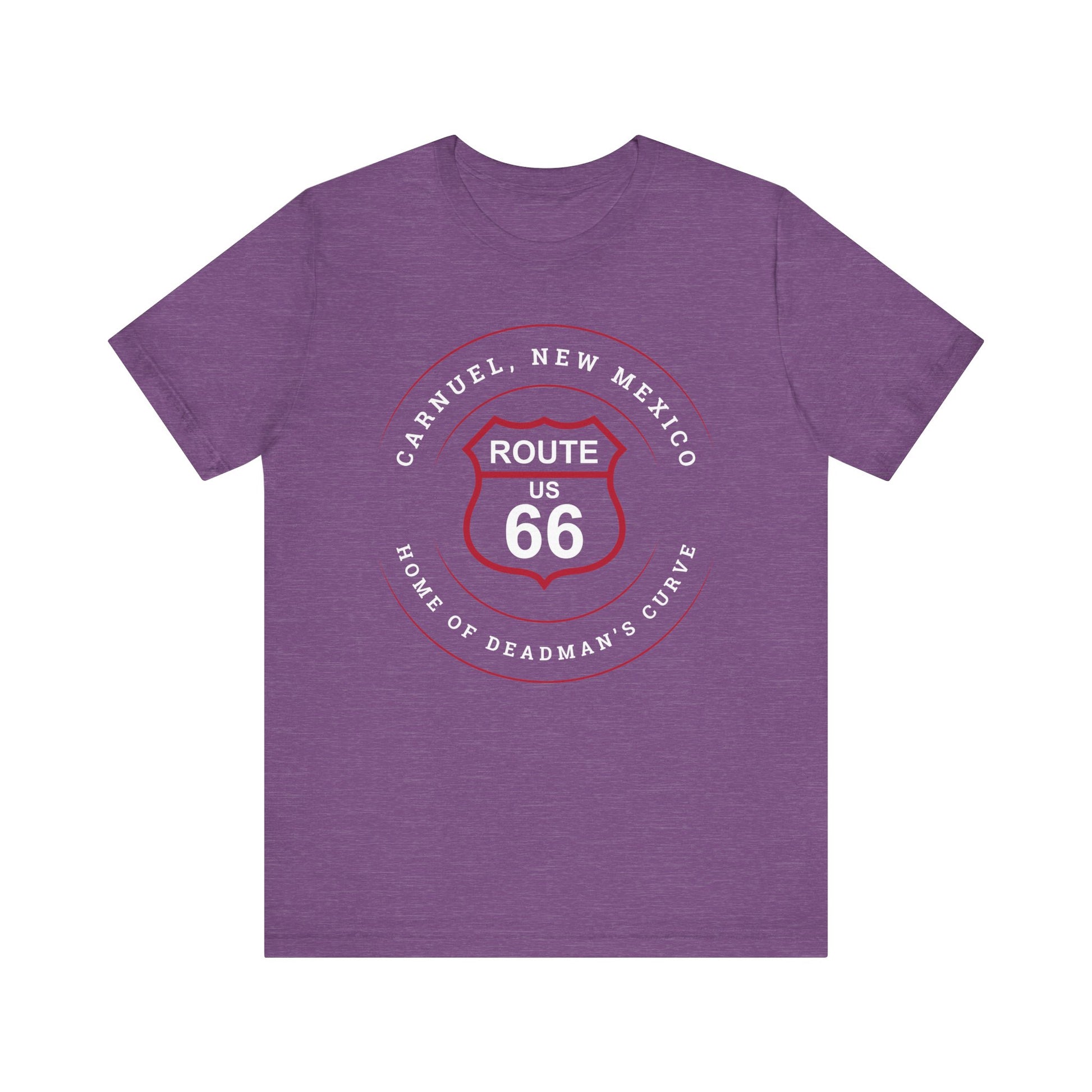 Heather team purple retro Route 66 unisex jersey tee with Carnuel, NM: Home of Deadman's Curve graphic
