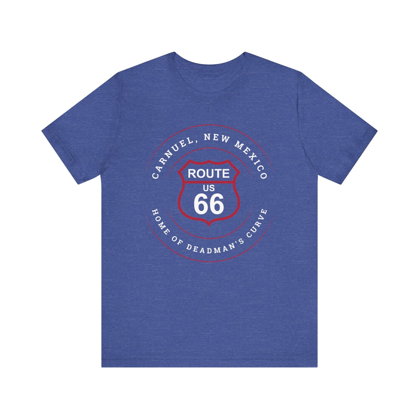 Heather true royal retro Route 66 unisex jersey tee with Carnuel, NM: Home of Deadman's Curve graphic