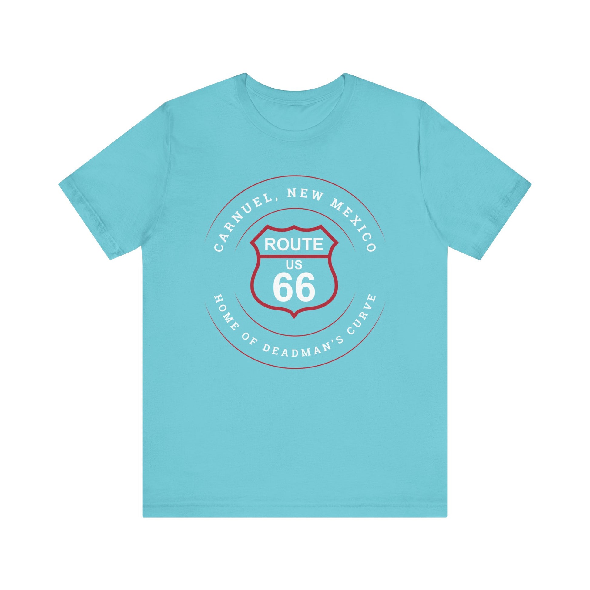 Turquoise retro Route 66 unisex jersey tee with Carnuel, NM: Home of Deadman's Curve graphic
