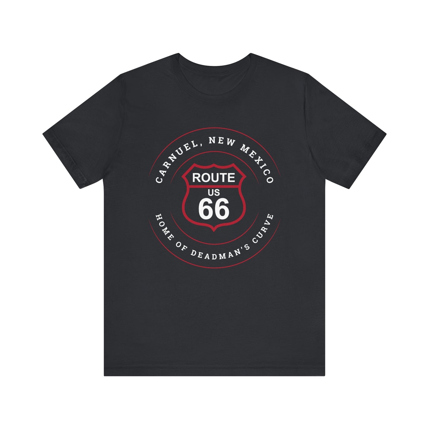 Vintage black retro Route 66 unisex jersey tee with Carnuel, NM: Home of Deadman's Curve graphic