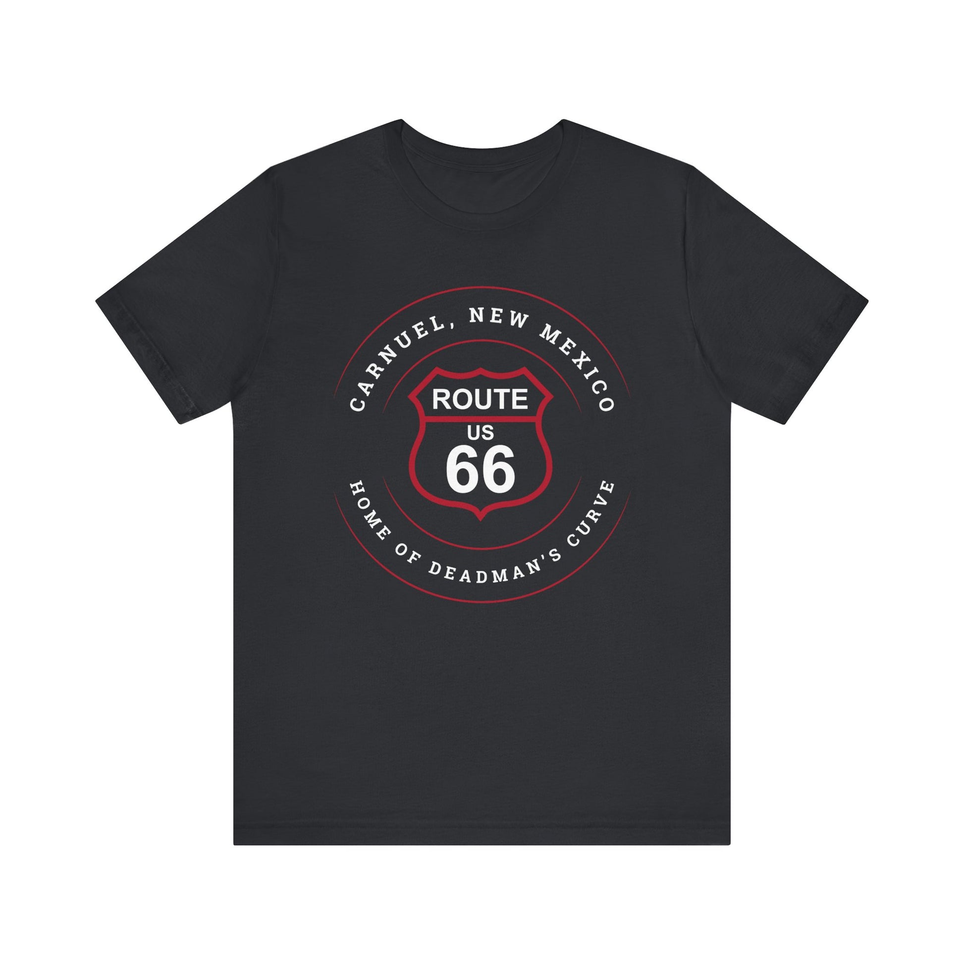 Vintage black retro Route 66 unisex jersey tee with Carnuel, NM: Home of Deadman's Curve graphic