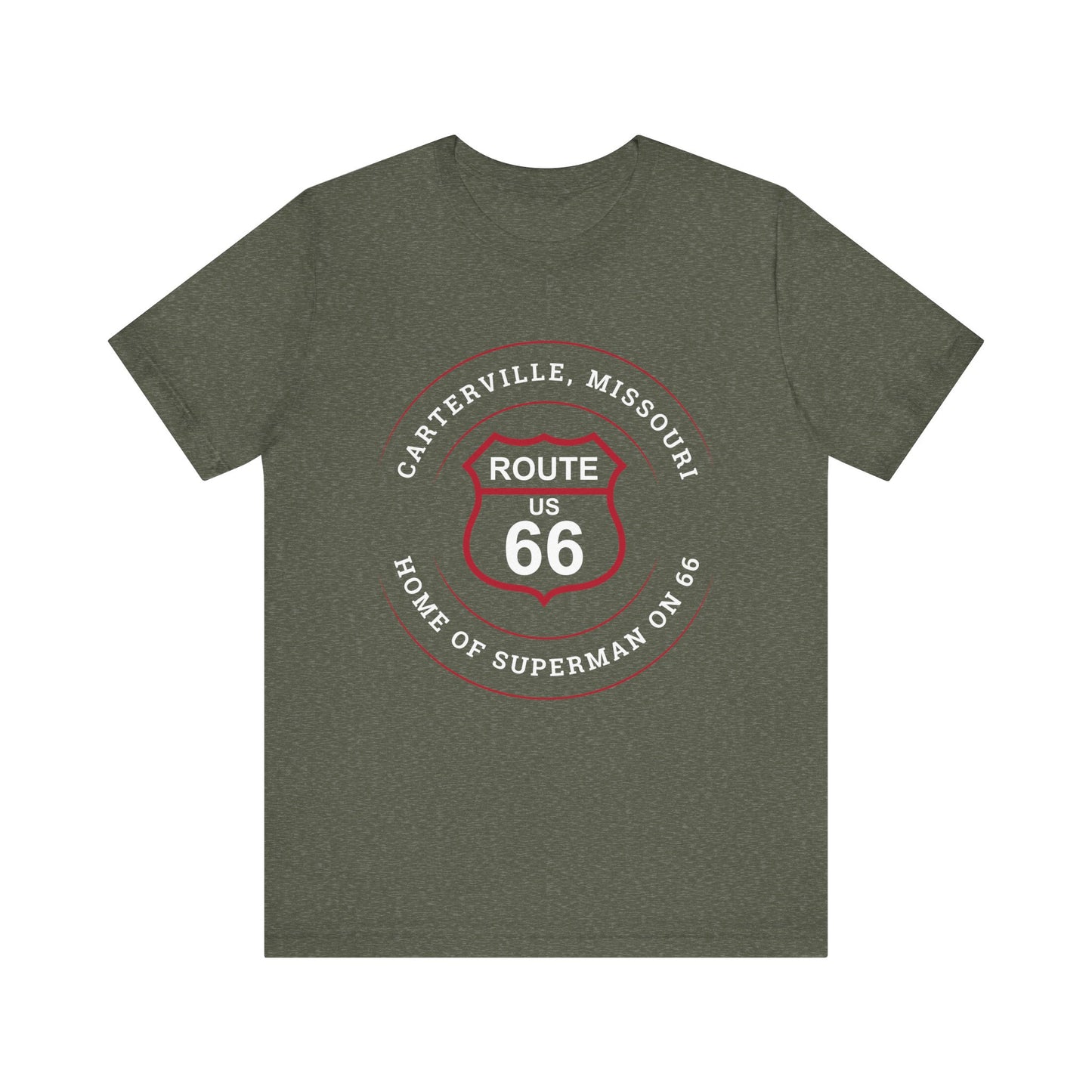 Heather military green retro Route 66 unisex jersey tee with Carterville, MO "Home of Superman on 66" design
