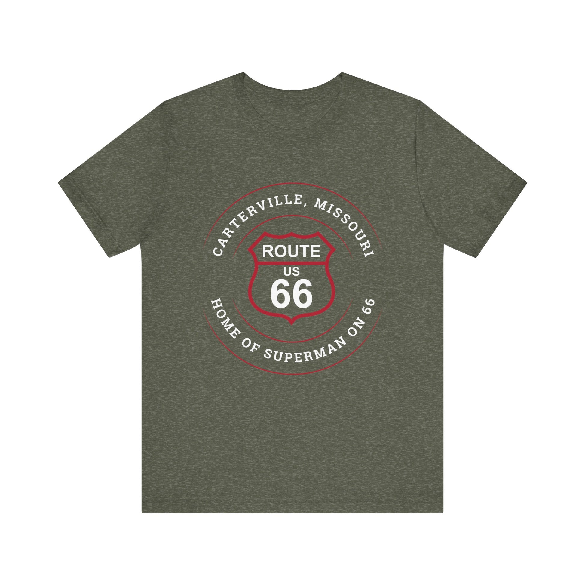 Heather military green retro Route 66 unisex jersey tee with Carterville, MO "Home of Superman on 66" design