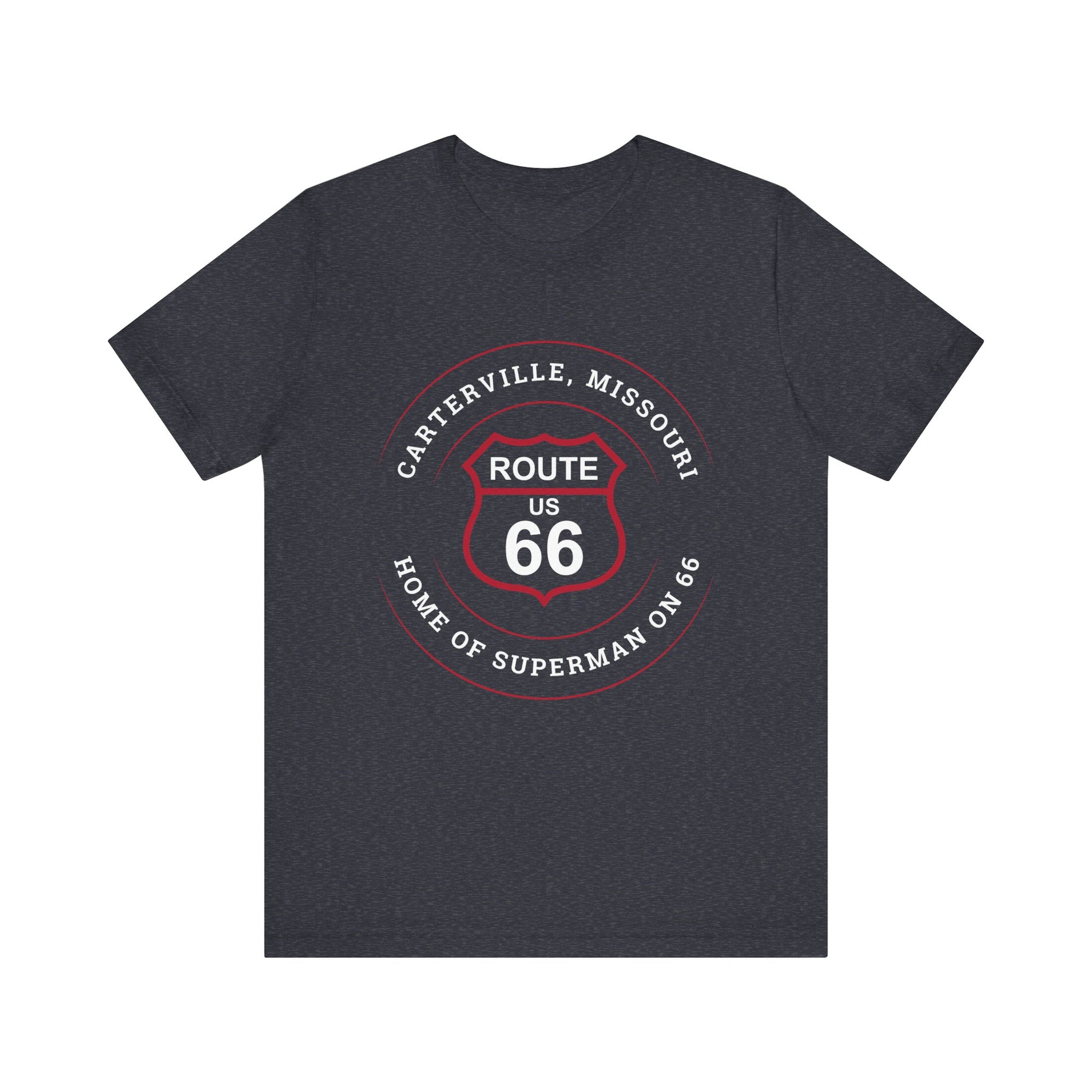 Heather navy retro Route 66 unisex jersey tee with Carterville, MO "Home of Superman on 66" design