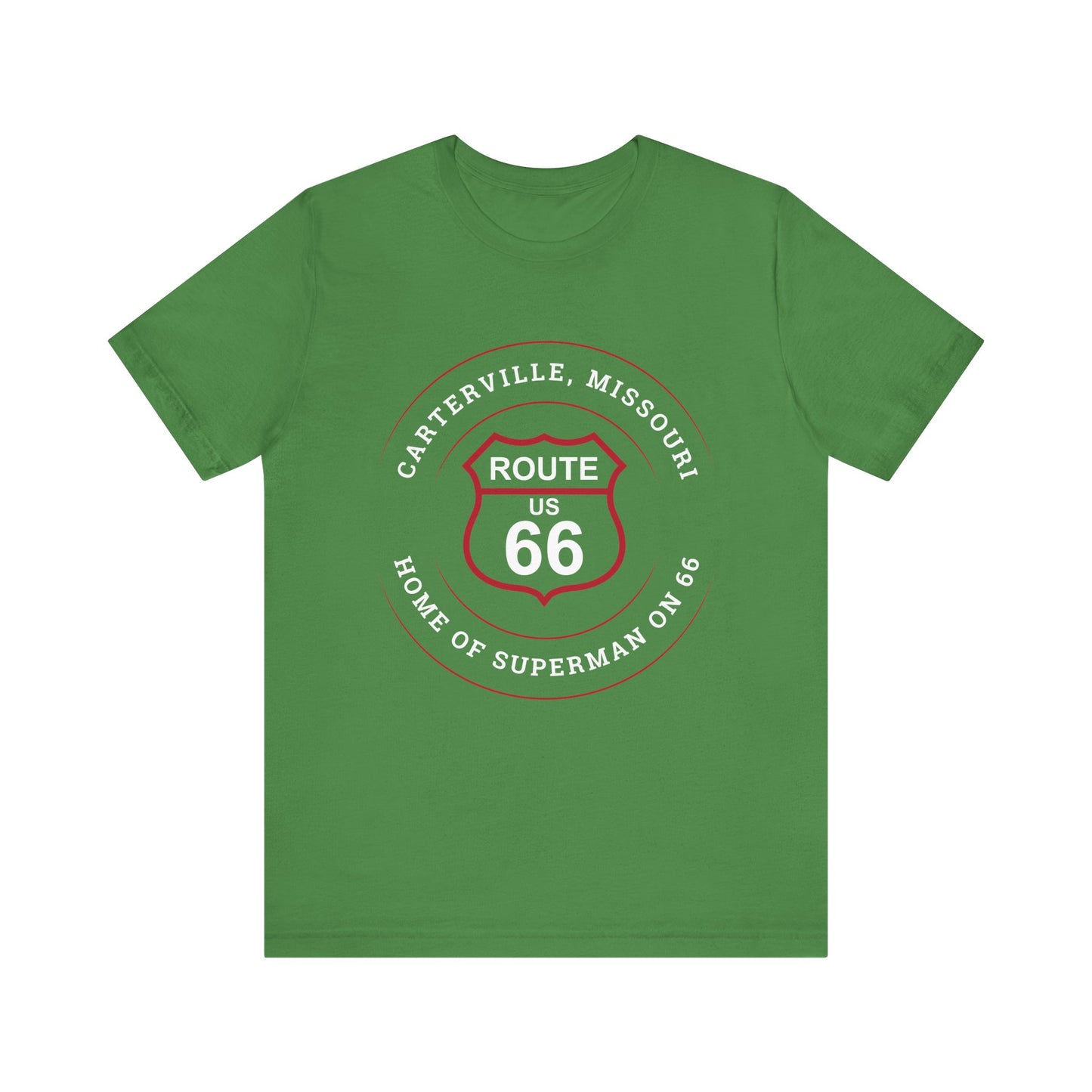 Leaf retro Route 66 unisex jersey tee with Carterville, MO "Home of Superman on 66" design