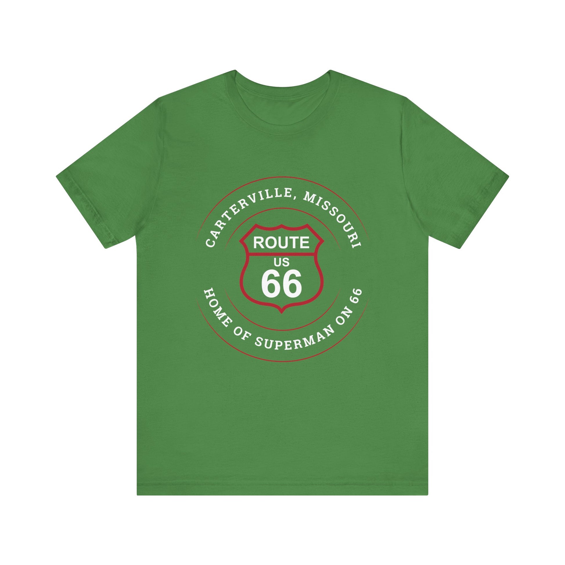 Leaf retro Route 66 unisex jersey tee with Carterville, MO "Home of Superman on 66" design
