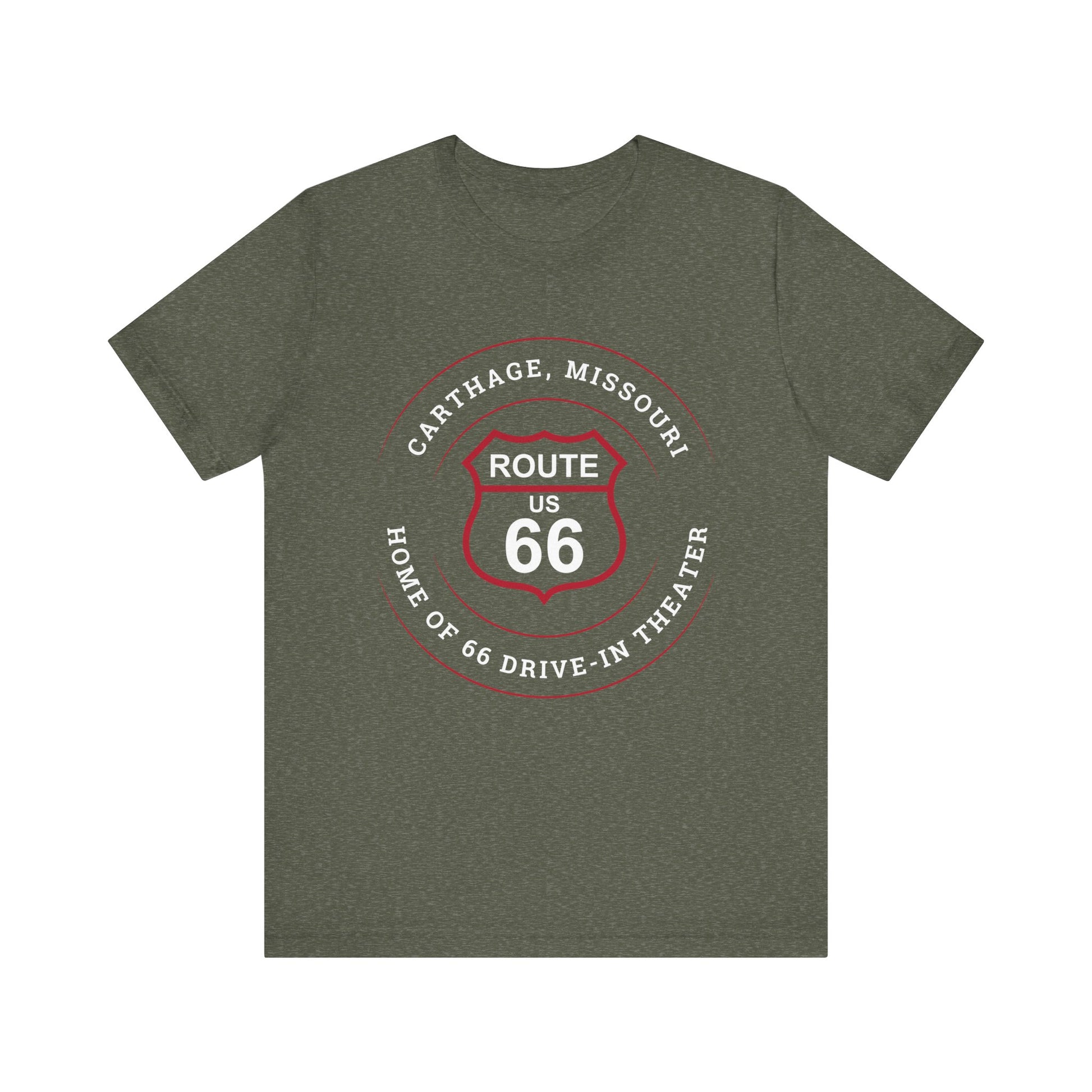Heather military green retro Route 66 unisex jersey tee with Carthage, MO "Home of 66 Drive-in Theater" design