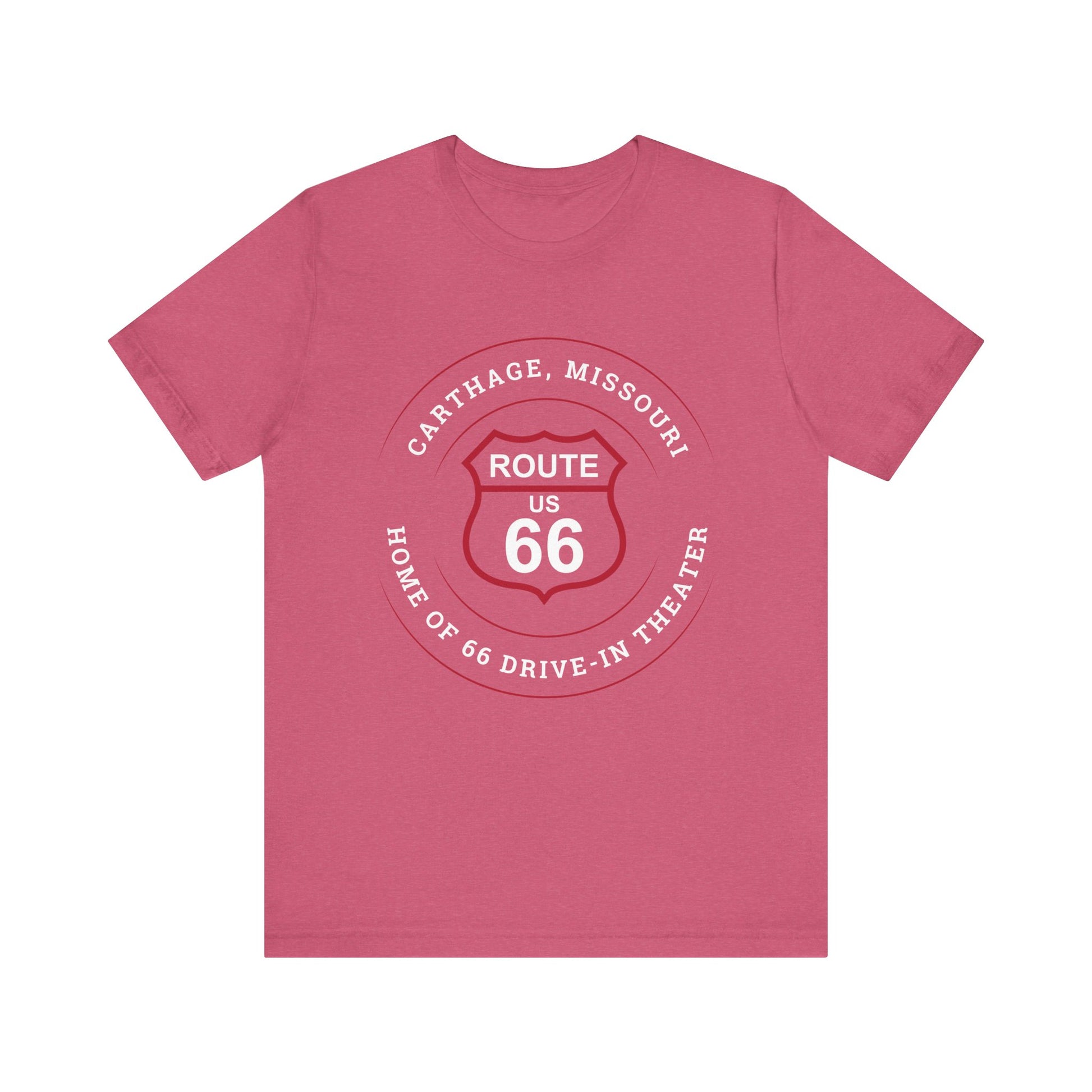 Heather raspberry retro Route 66 unisex jersey tee with Carthage, MO "Home of 66 Drive-in Theater" design