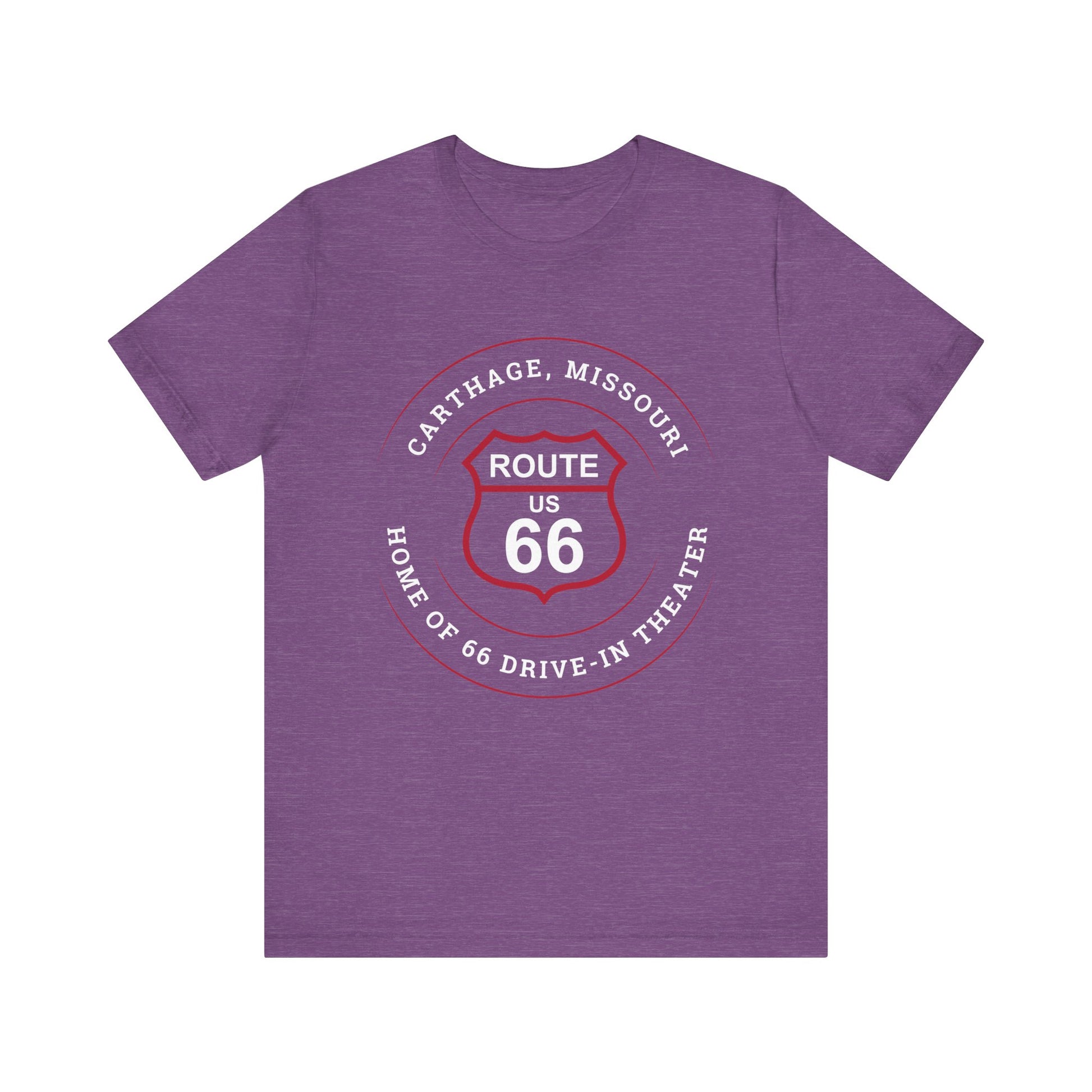 Heather team purple retro Route 66 unisex jersey tee with Carthage, MO "Home of 66 Drive-in Theater" design